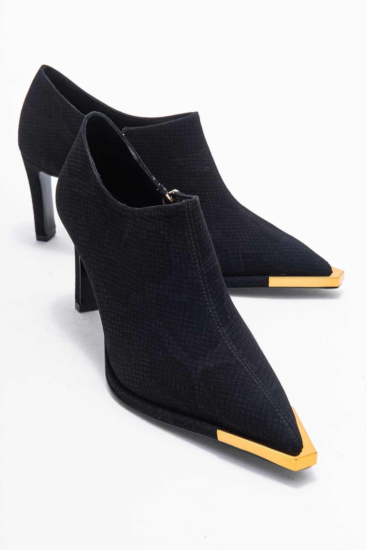Sona - Black Patterned Ankle-Heel Shoe – front three-quarter view showing leather, black, SimmiUnique
