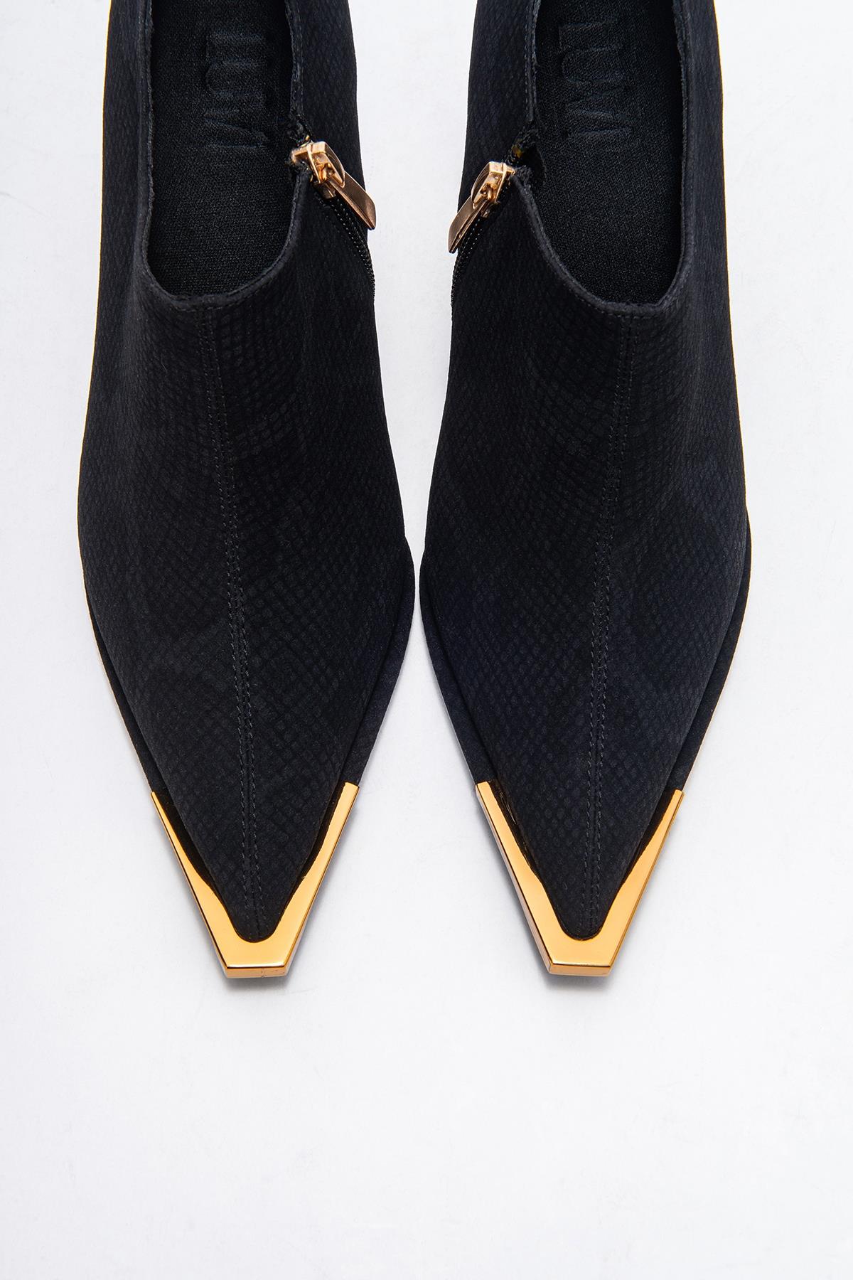 Sona - Black Patterned Ankle-Heel Shoe – side view showing leather, black, SimmiUnique