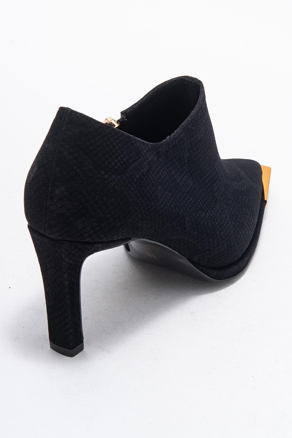 Sona - Black Patterned Ankle-Heel Shoe – back view showing leather, black, SimmiUnique