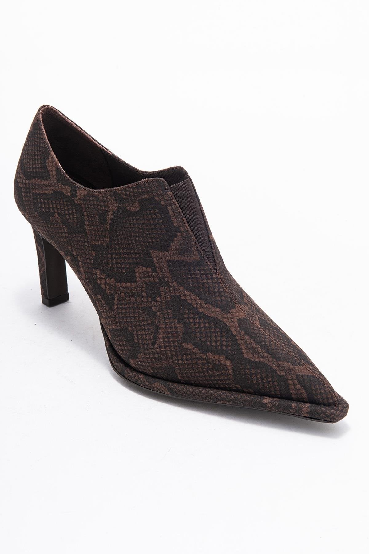 Alya - Brown Patterned Ankle-Heel Shoe – detail view showing leather, SimmiUnique