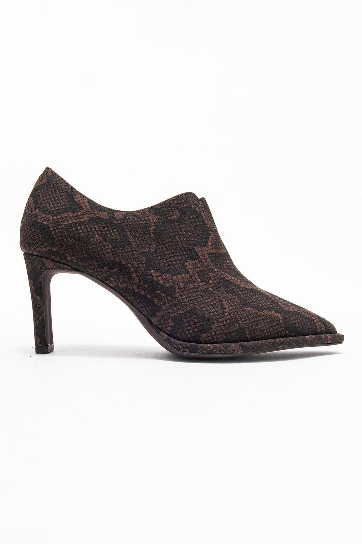 Alya - Brown Patterned Ankle-Heel Shoe – top view showing leather, SimmiUnique