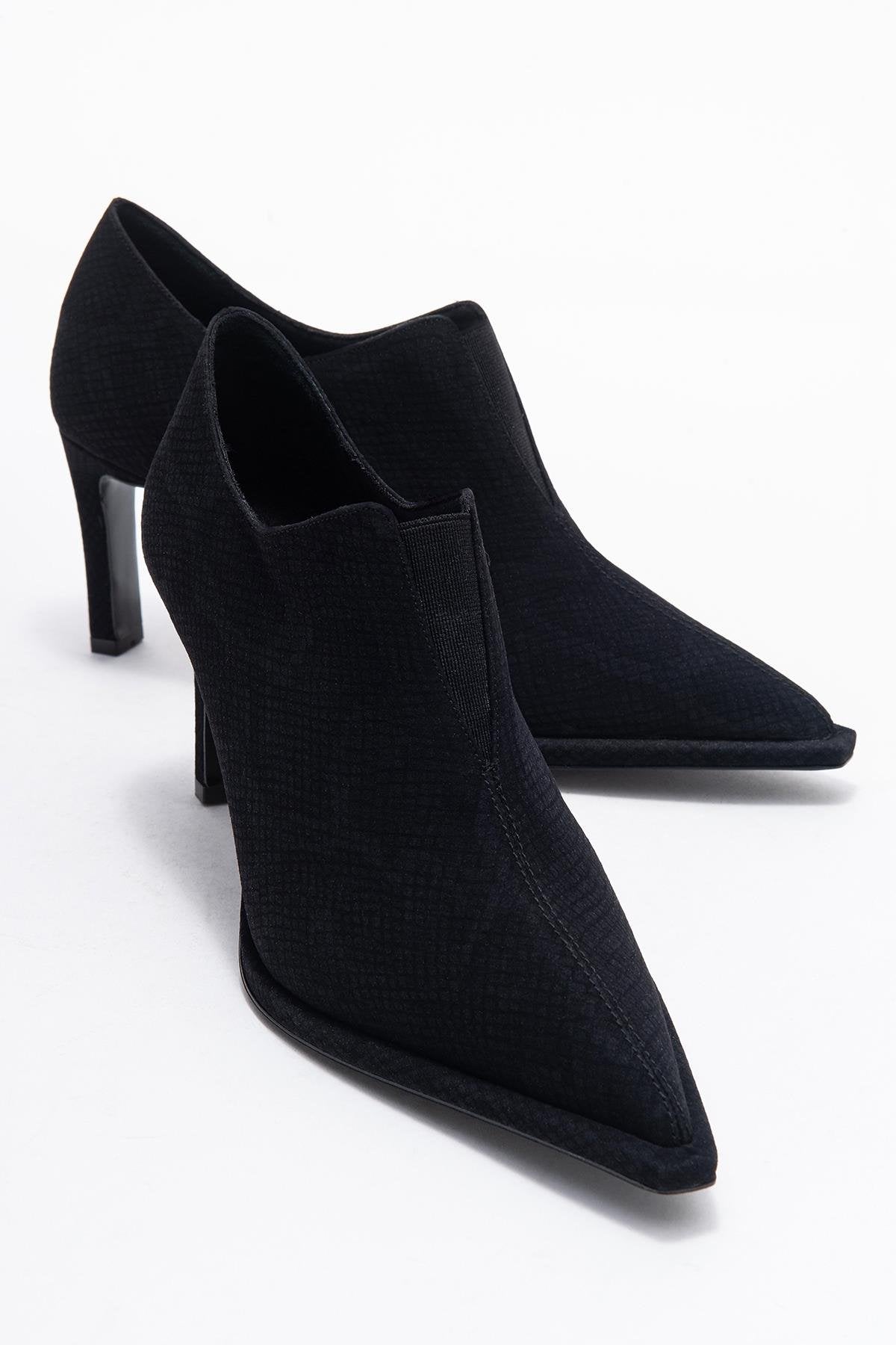 Alya - Black Patterned Elastic Ankle Stiletto Pump – front three-quarter view showing leather, black, SimmiUnique