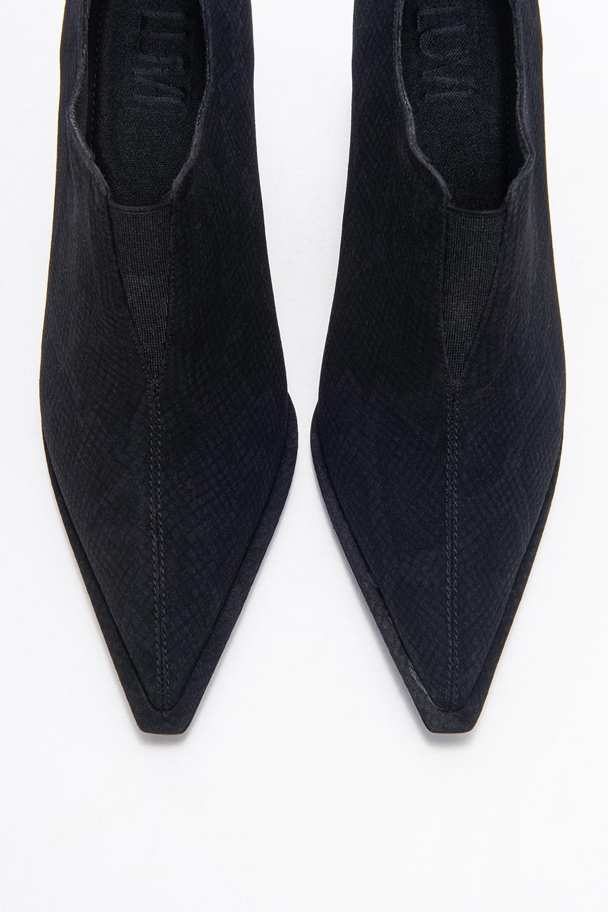 Alya - Black Patterned Elastic Ankle Stiletto Pump – side view showing leather, black, SimmiUnique