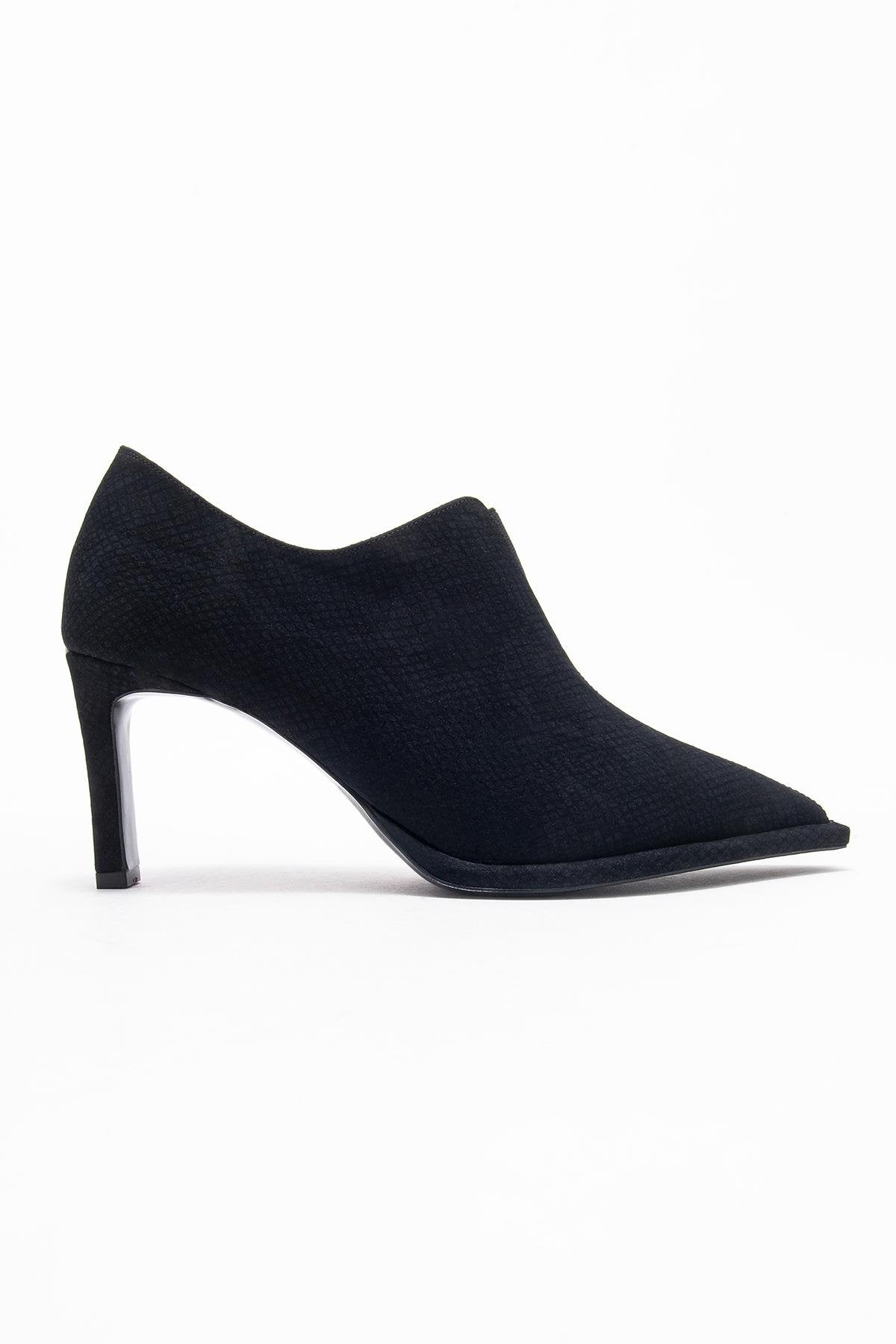 Alya - Black Patterned Elastic Ankle Stiletto Pump – top view showing leather, black, SimmiUnique