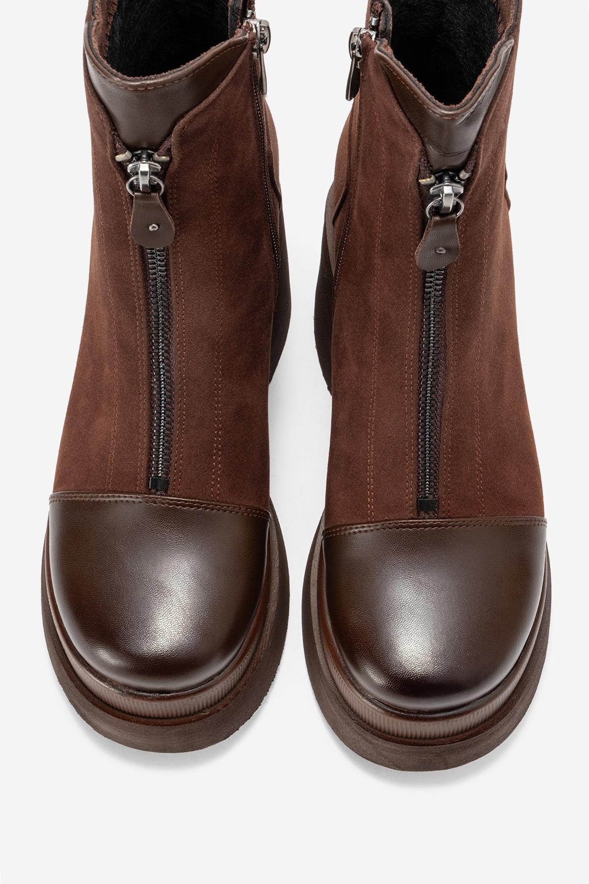 Ardenne - Brown Platform Heel Zip Boot – side view showing leather, suede, SimmiUnique