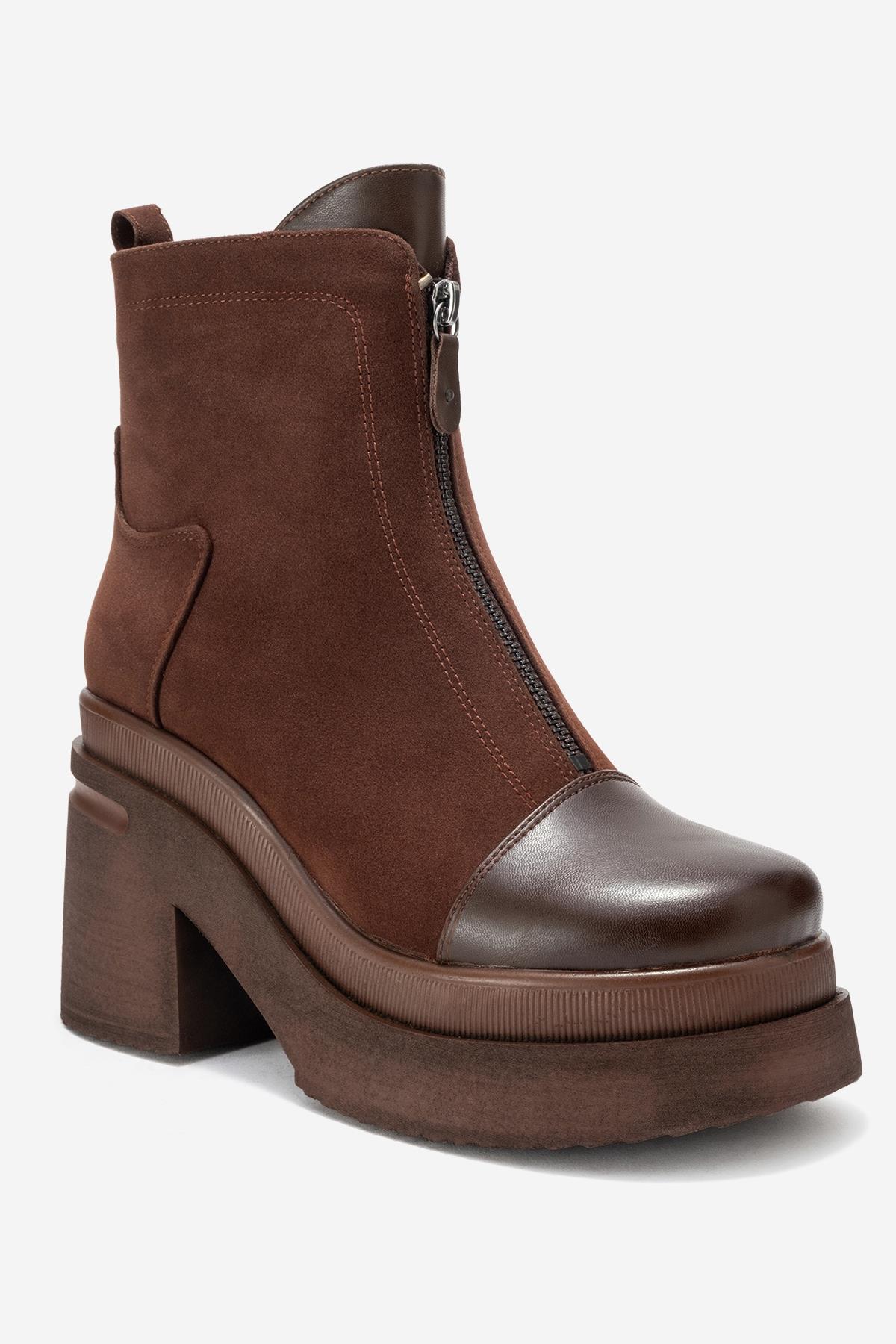 Ardenne - Brown Platform Heel Zip Boot – detail view showing leather, suede, SimmiUnique