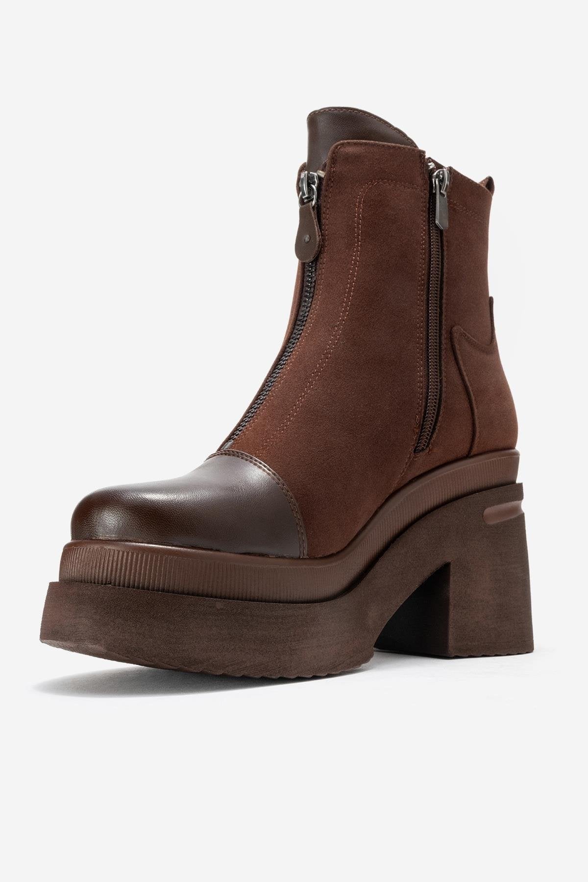 Ardenne - Brown Platform Heel Zip Boot – heel view showing leather, suede, SimmiUnique