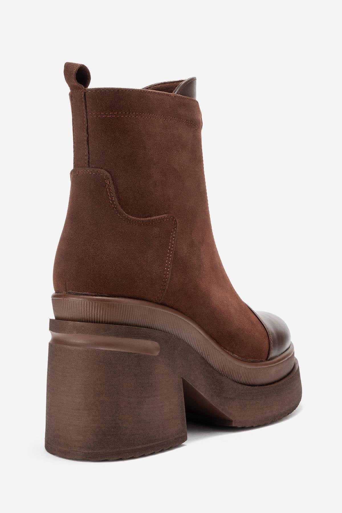Ardenne - Brown Platform Heel Zip Boot – back view showing leather, suede, SimmiUnique