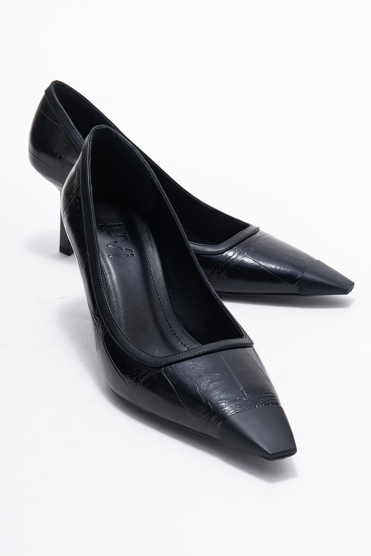 Rona - Black Printed Pointed Toe Stiletto Pump – front three-quarter view showing leather, black, red, SimmiUnique