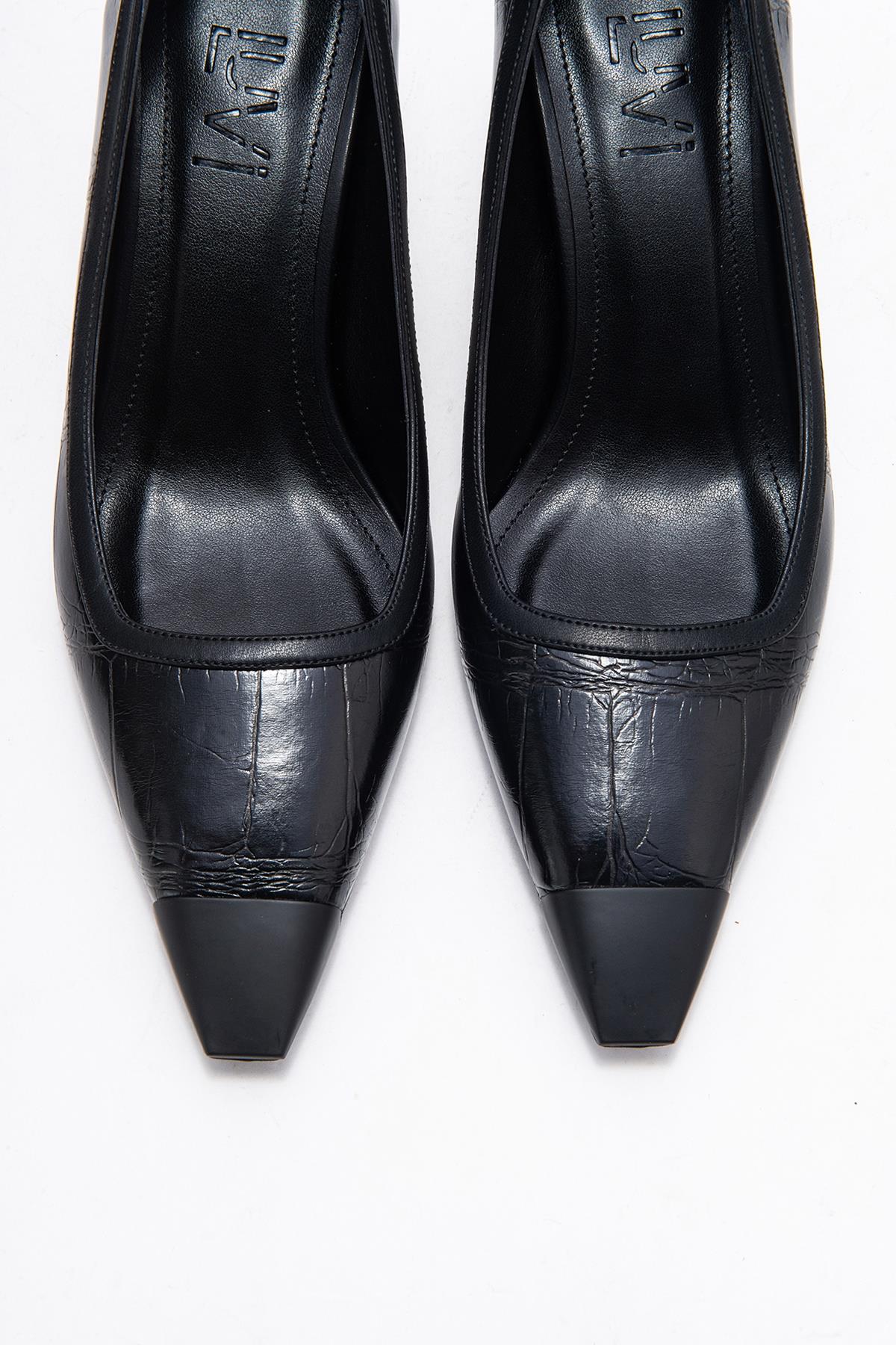 Rona - Black Printed Pointed Toe Stiletto Pump – side view showing leather, black, red, SimmiUnique