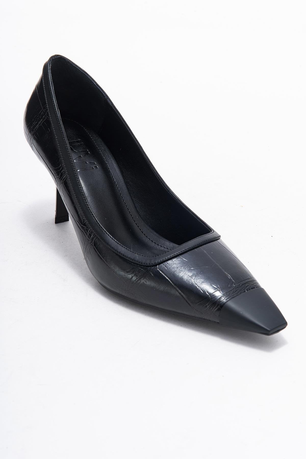 Rona - Black Printed Pointed Toe Stiletto Pump – detail view showing leather, black, red, SimmiUnique