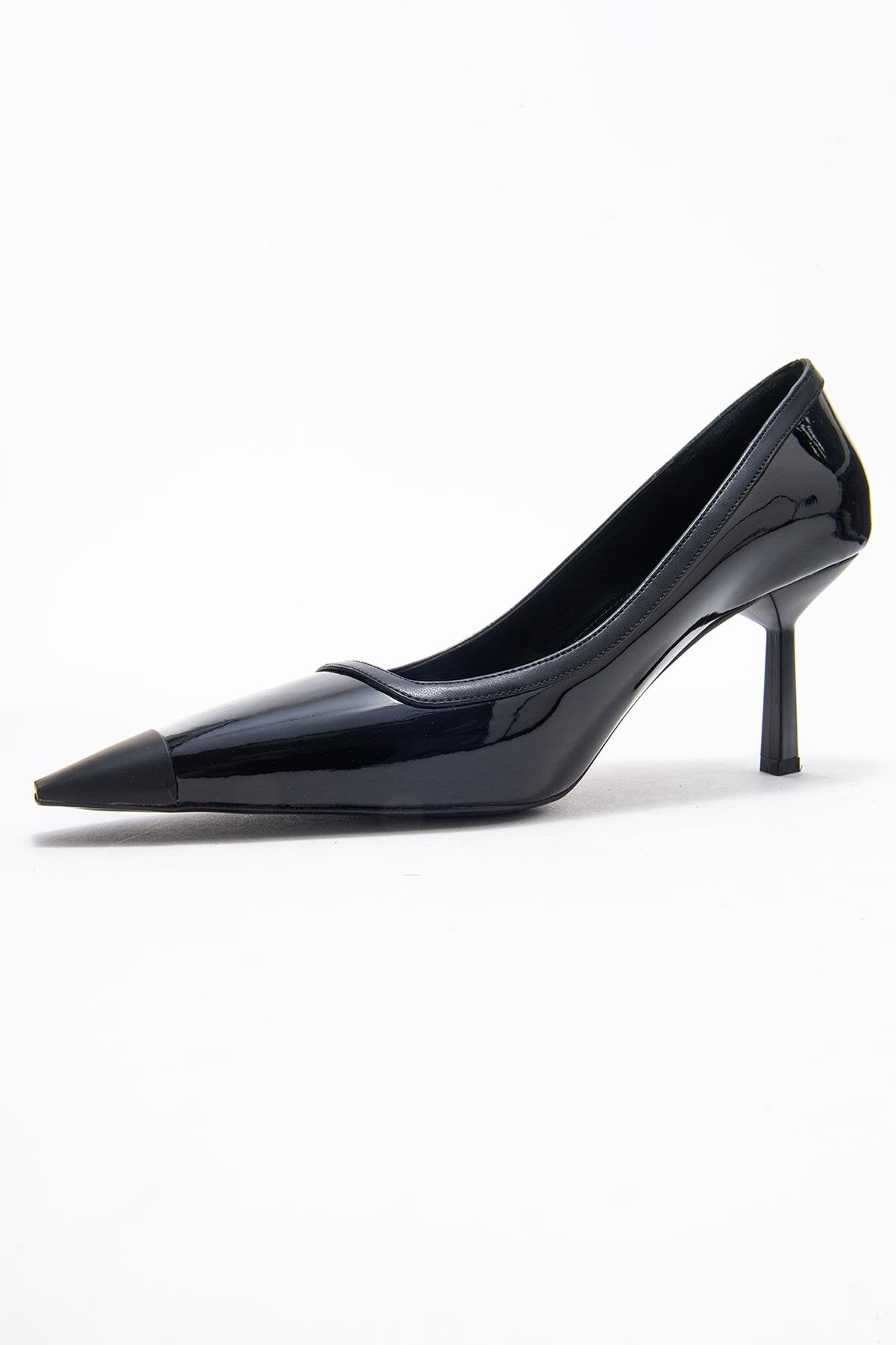 Rona - Black Patent Pointed Toe Stiletto Pump – heel view showing leather, black, SimmiUnique