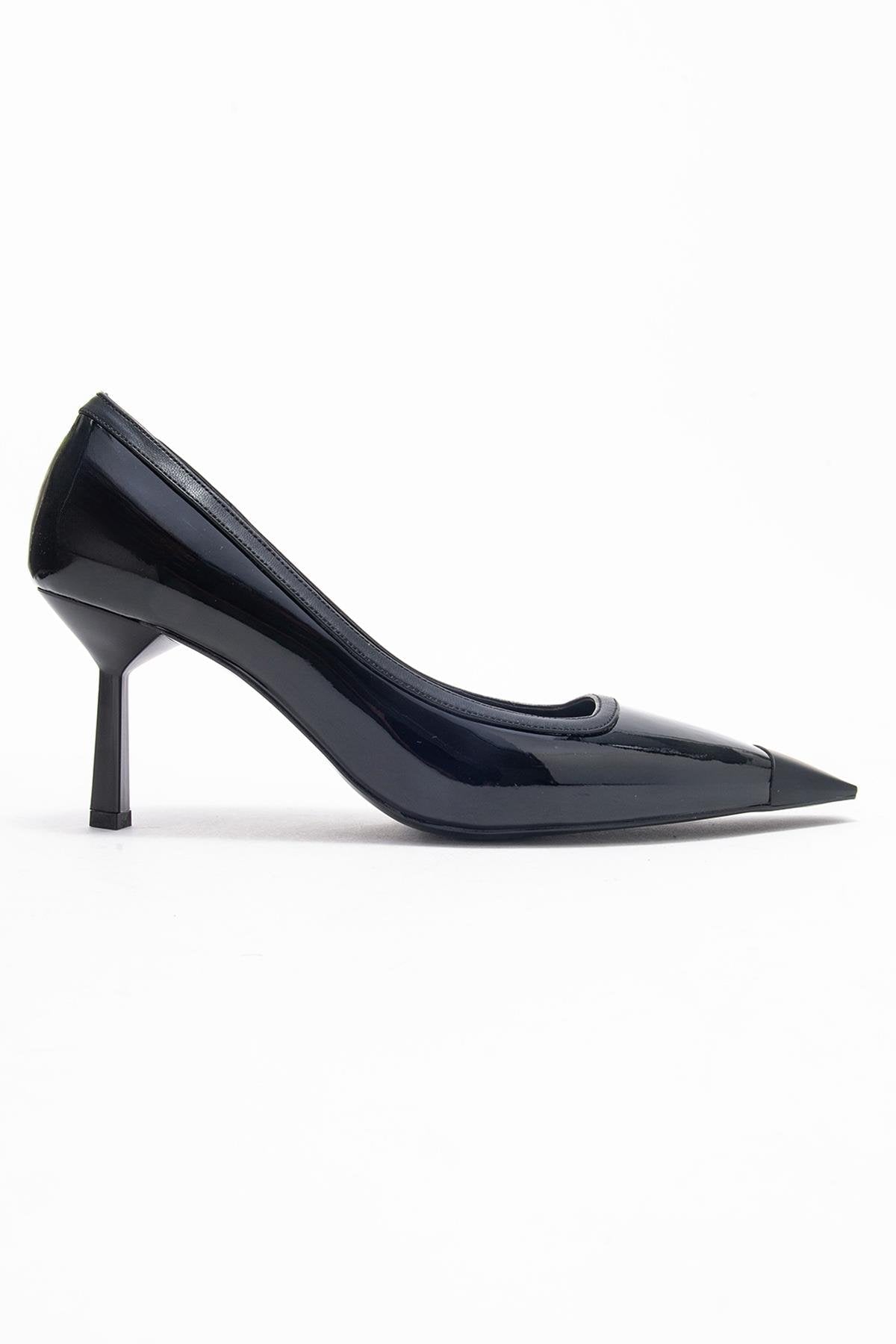 Rona - Black Patent Pointed Toe Stiletto Pump – top view showing leather, black, SimmiUnique
