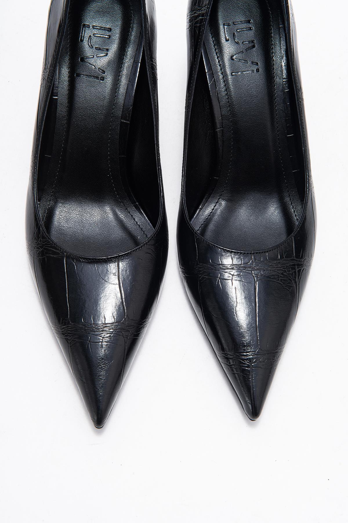 Marcus - Black Printed Pointed Toe Stiletto Pump – side view showing leather, black, red, SimmiUnique