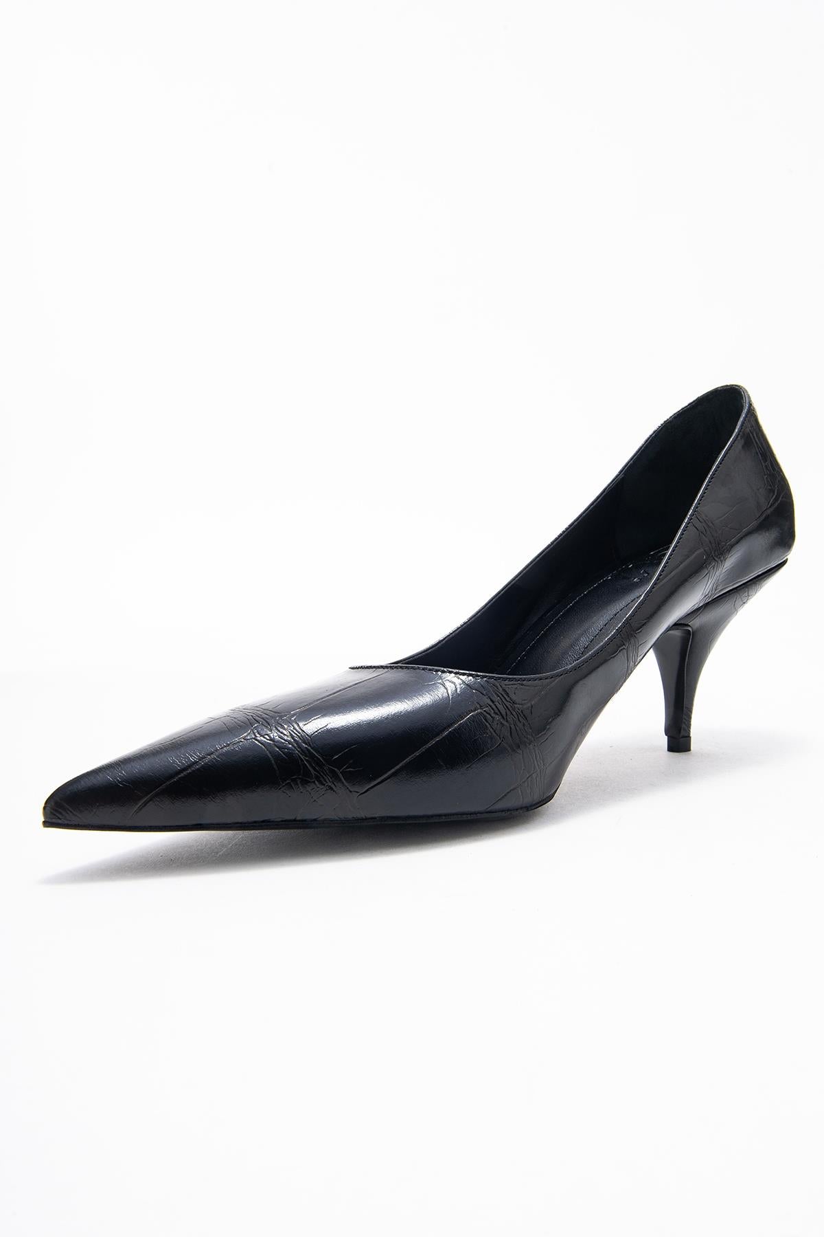Marcus - Black Printed Pointed Toe Stiletto Pump – heel view showing leather, black, red, SimmiUnique