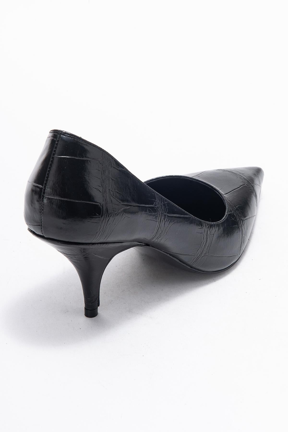 Marcus - Black Printed Pointed Toe Stiletto Pump – back view showing leather, black, red, SimmiUnique