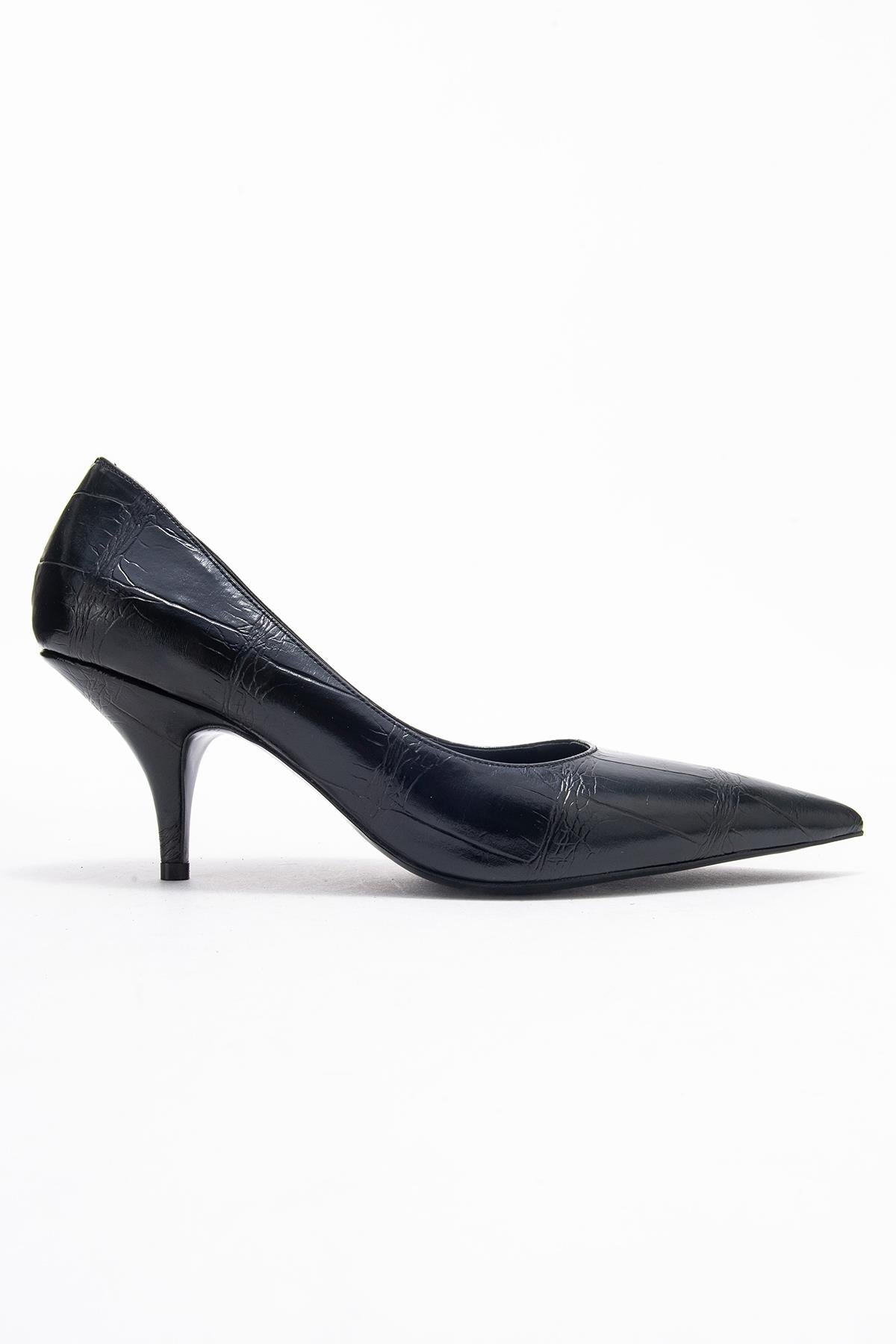 Marcus - Black Printed Pointed Toe Stiletto Pump – top view showing leather, black, red, SimmiUnique