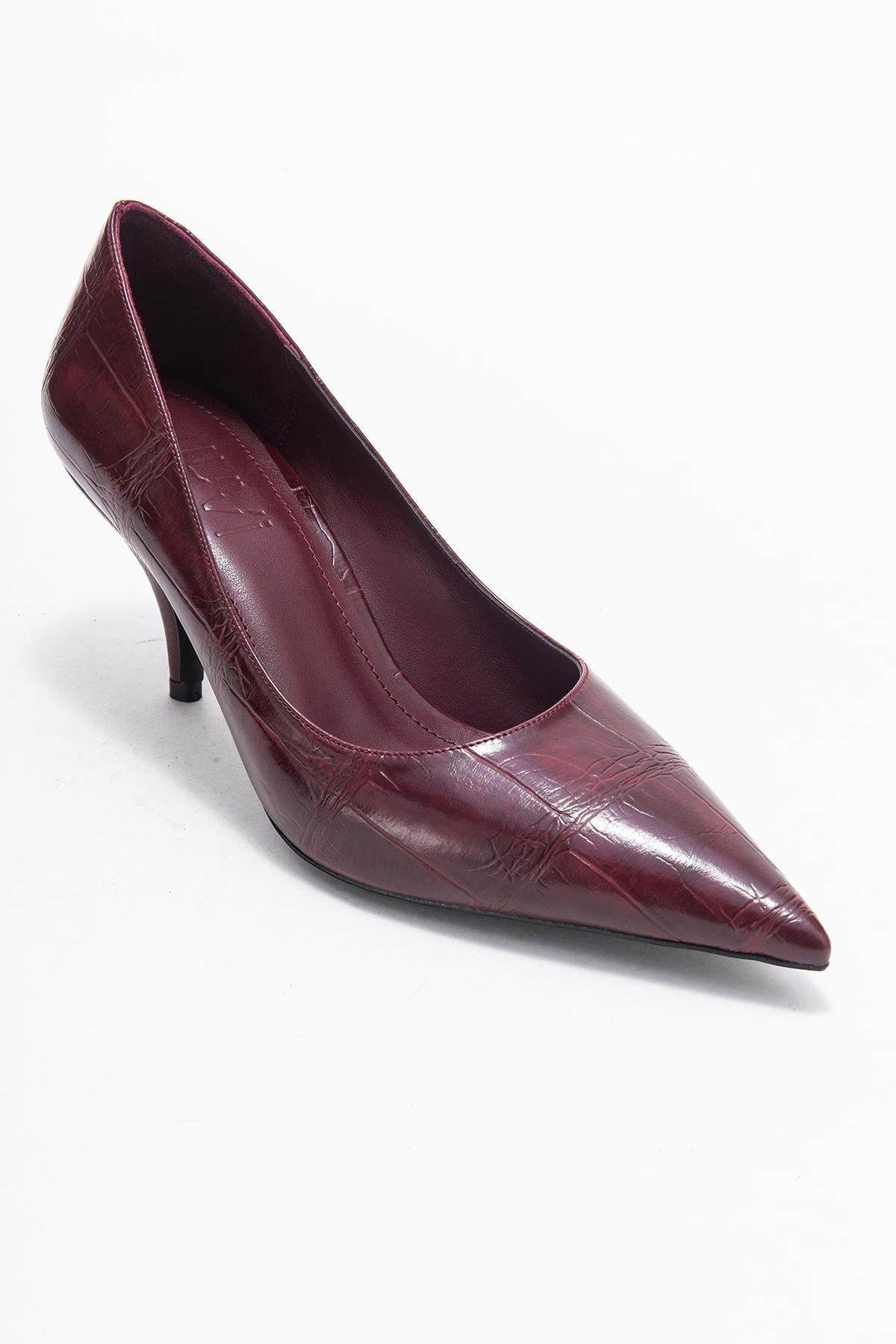 Marcus - Burgundy Printed Pointed Toe Pump – detail view showing leather, SimmiUnique