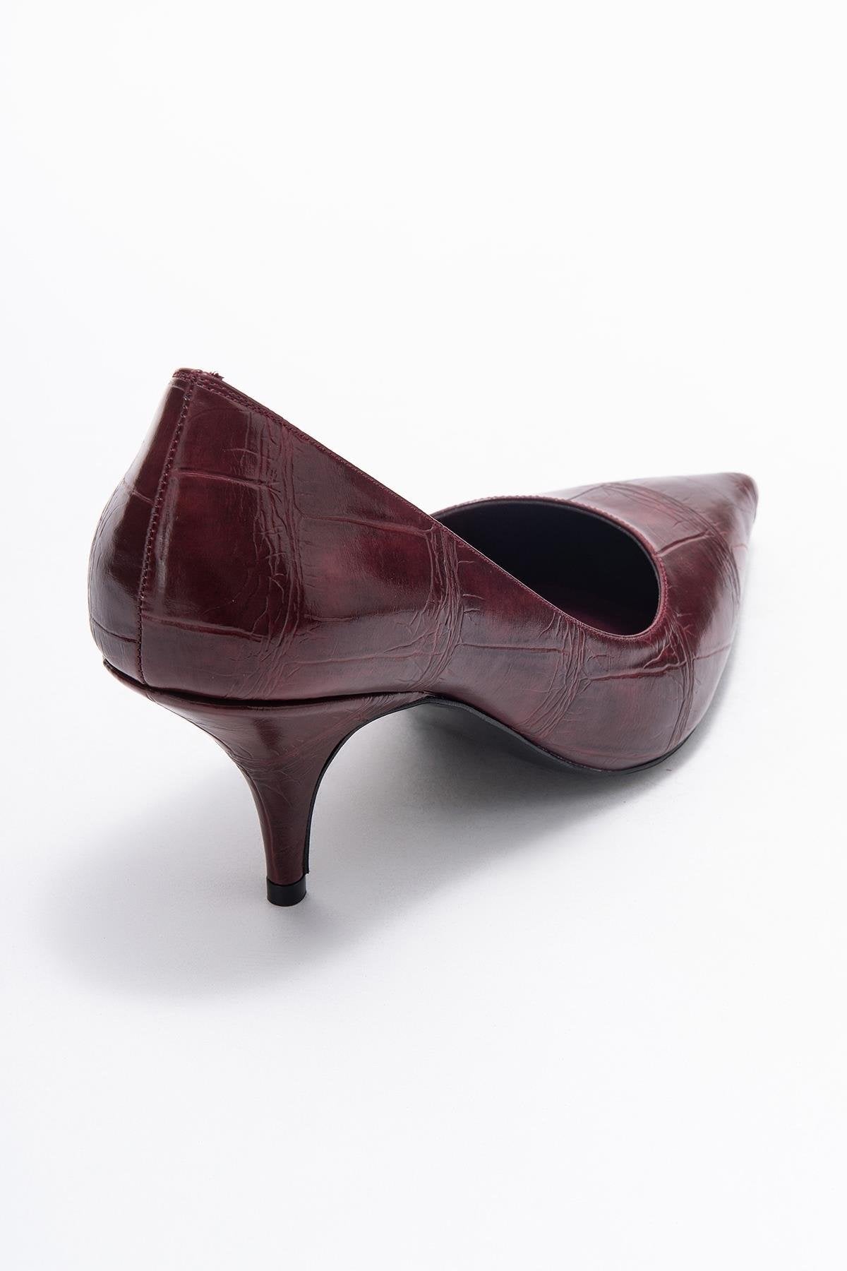 Marcus - Burgundy Printed Pointed Toe Pump – back view showing leather, SimmiUnique