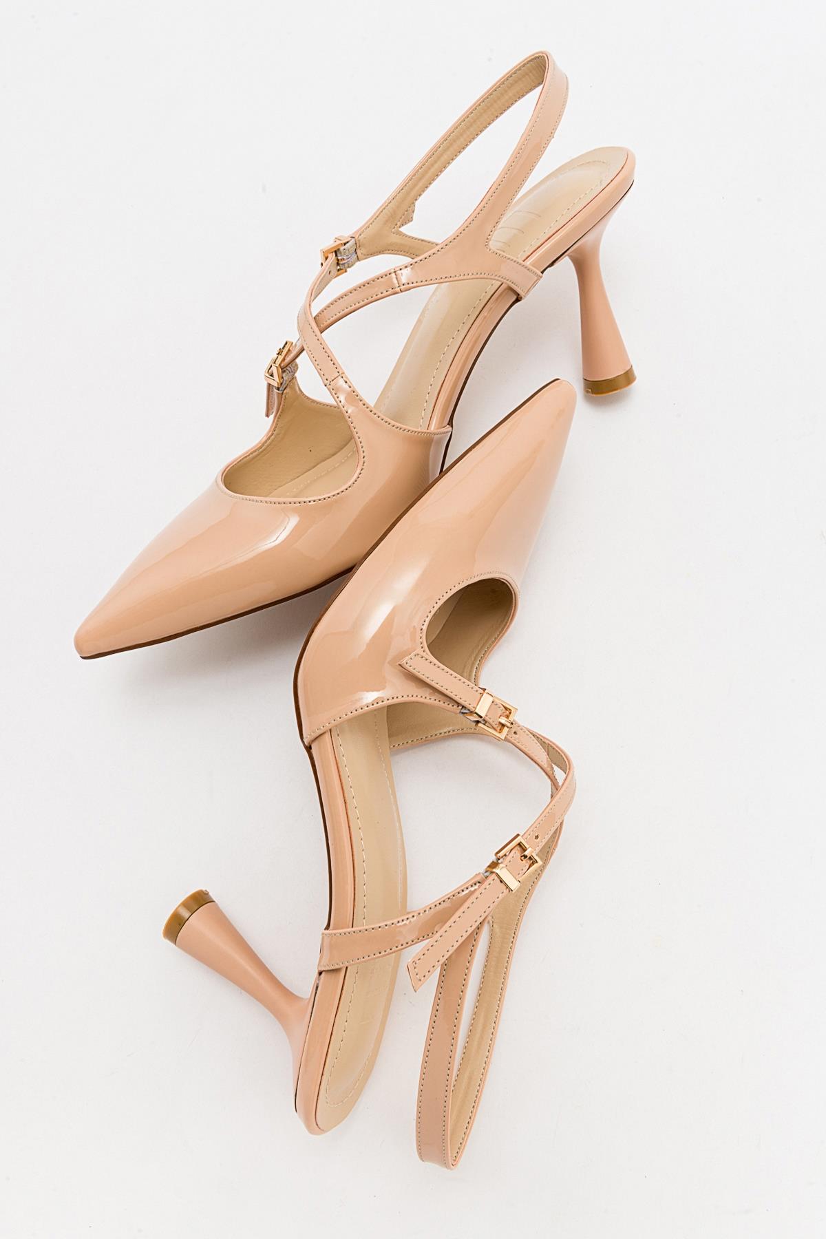 Coje - Beige Patent Pointed Toe Stiletto Pump – back view showing leather, SimmiUnique