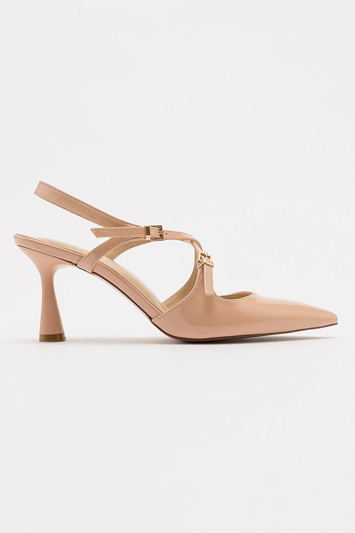 Coje - Beige Patent Pointed Toe Stiletto Pump – top view showing leather, SimmiUnique