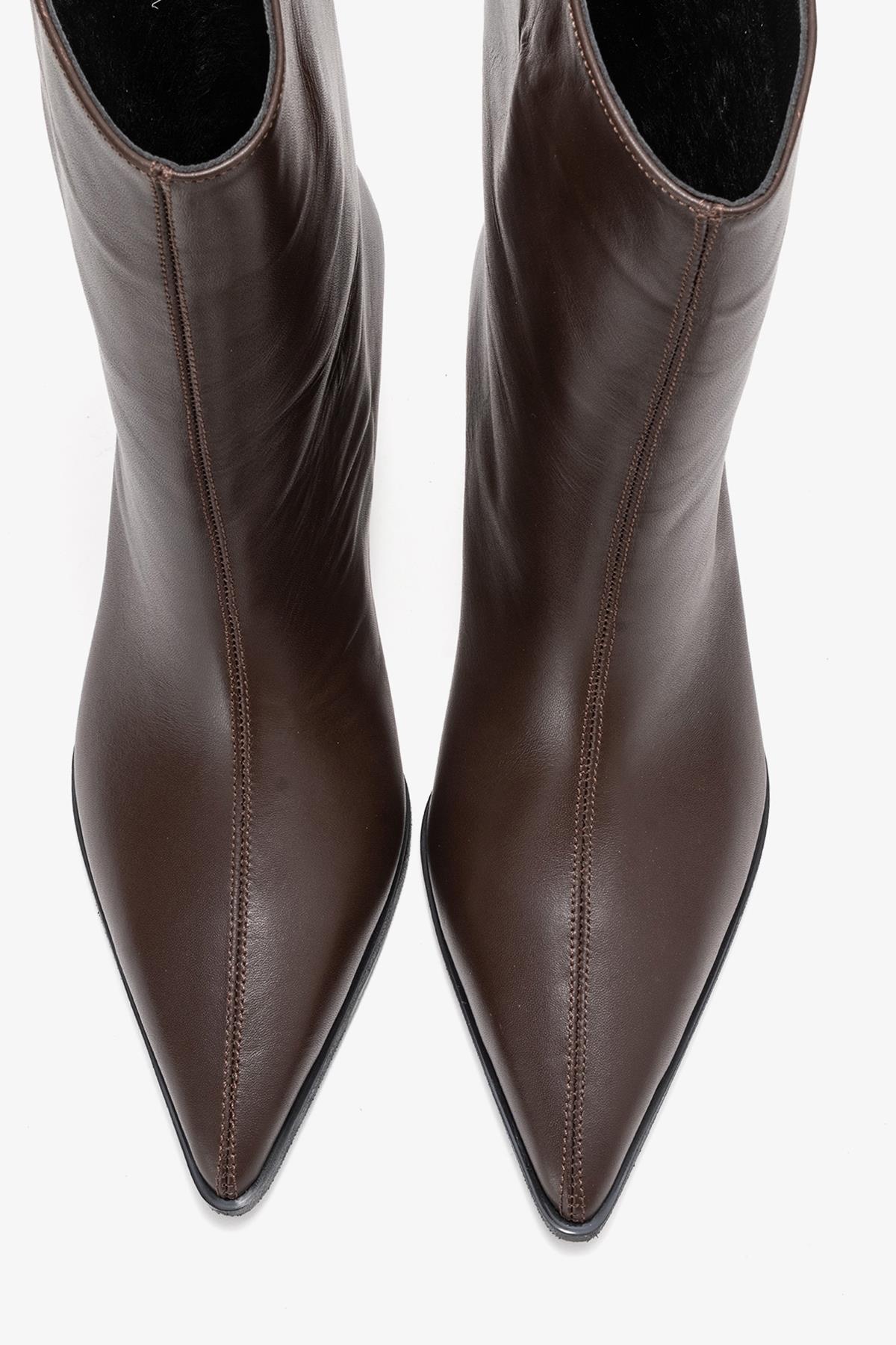 Aleo - Brown Genuine Leather Pointed Toe Low Heel Boot – side view showing leather, SimmiUnique