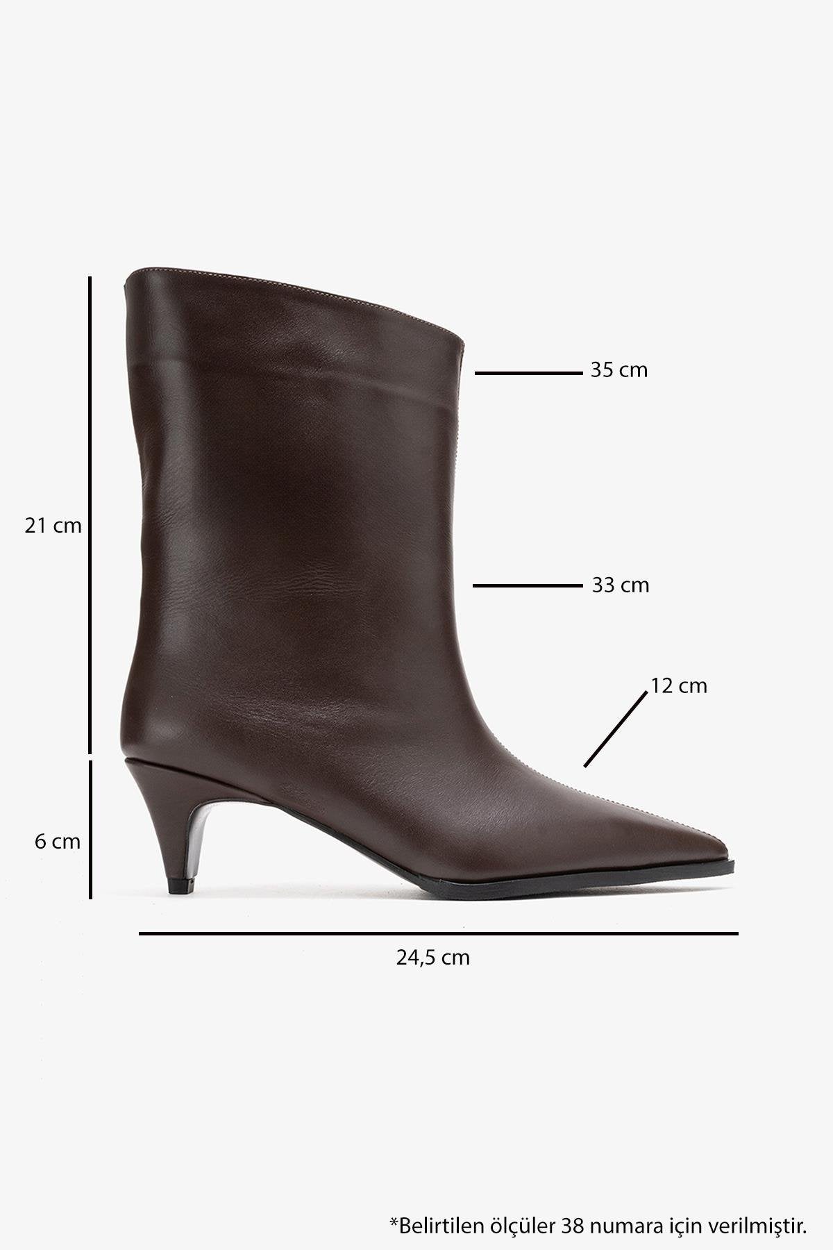 Aleo - Brown Genuine Leather Pointed Toe Low Heel Boot – top view showing leather, SimmiUnique