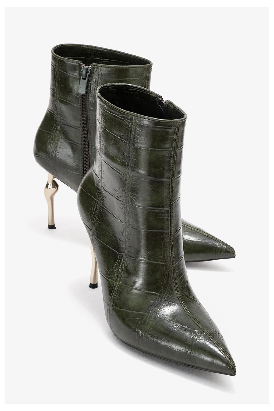 Crista - Green Croc-Embossed Pointed Toe Heeled Boot