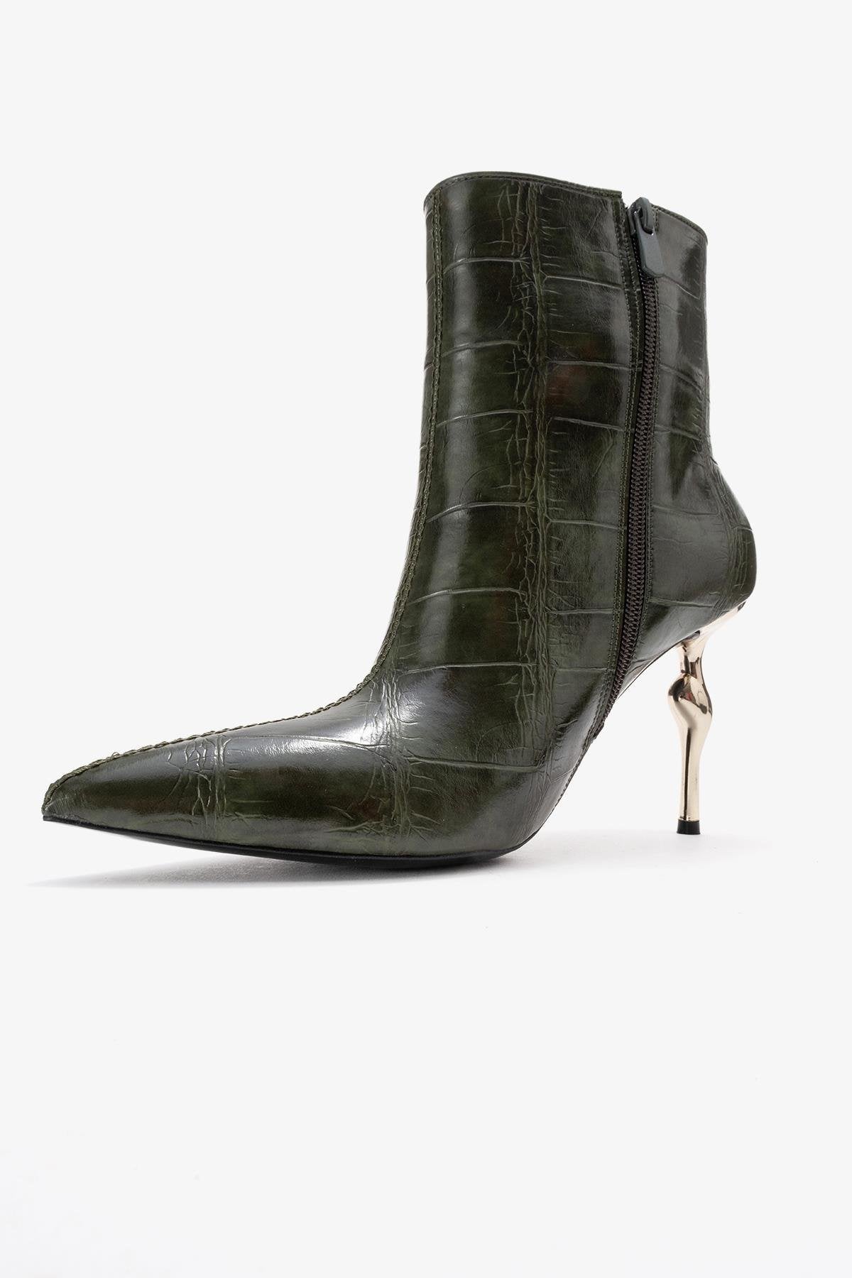 Crista - Green Croc-Embossed Pointed Toe Heeled Boot – heel view showing leather, metallic, green, SimmiUnique