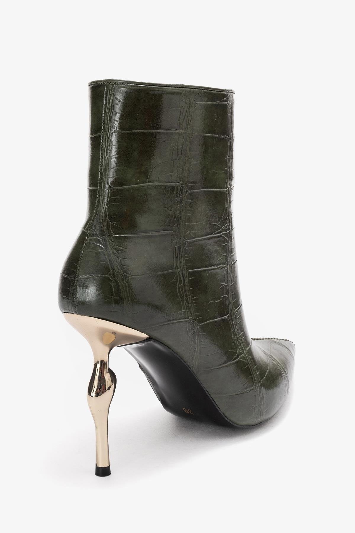 Crista - Green Croc-Embossed Pointed Toe Heeled Boot – back view showing leather, metallic, green, SimmiUnique
