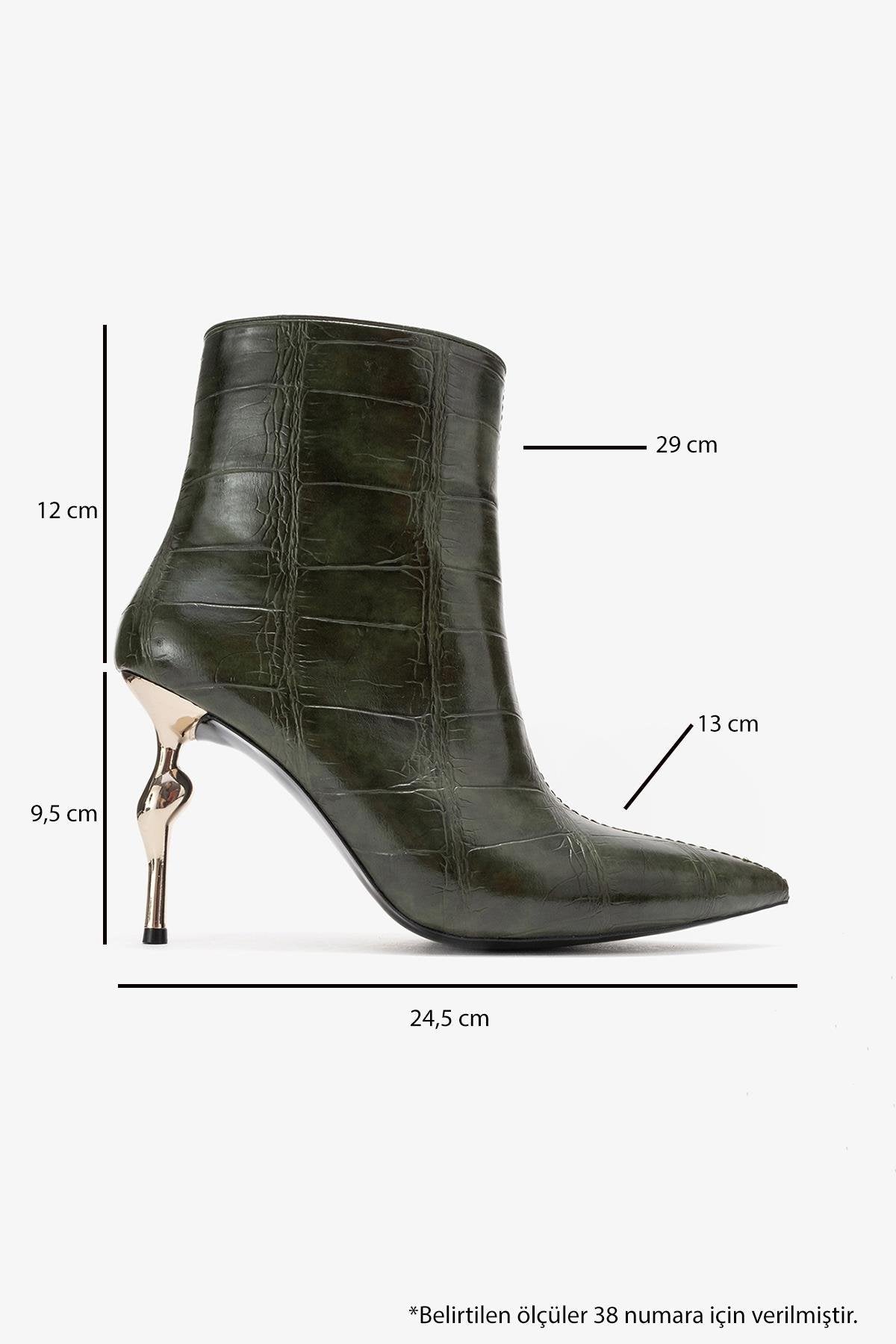 Crista - Green Croc-Embossed Pointed Toe Heeled Boot – top view showing leather, metallic, green, SimmiUnique