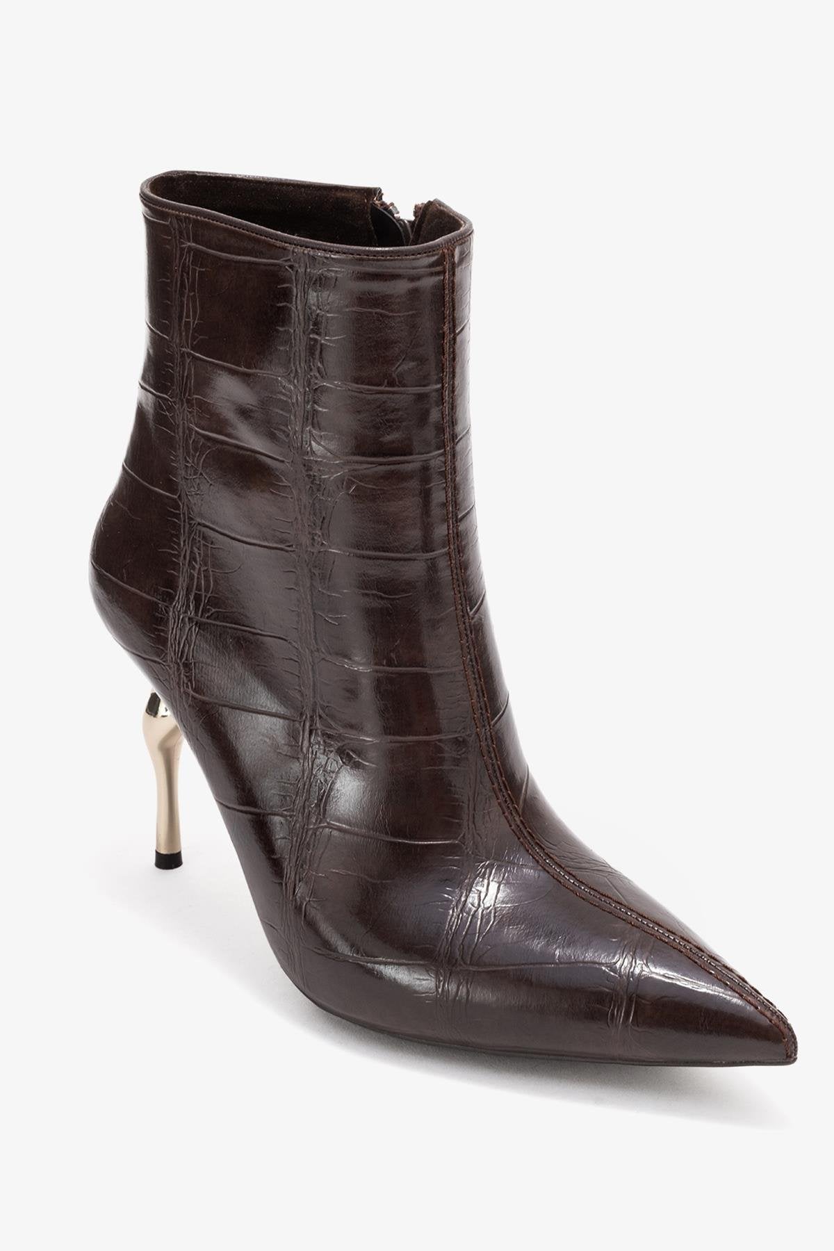 Crista - Brown Stiletto Heel Pointed Toe Boot – detail view showing leather, SimmiUnique