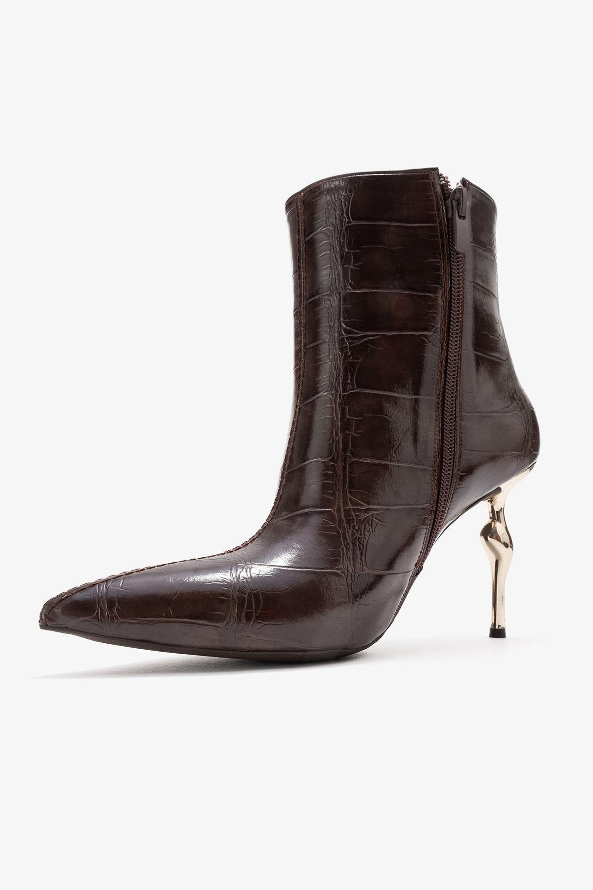 Crista - Brown Stiletto Heel Pointed Toe Boot – heel view showing leather, SimmiUnique