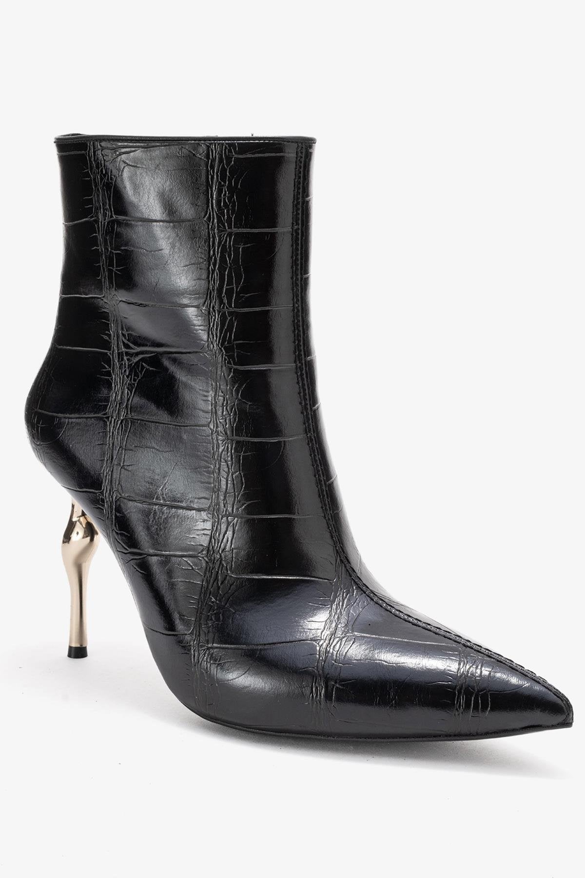Crista - Black Stiletto Heel Pointed Toe Boot – detail view showing leather, black, SimmiUnique