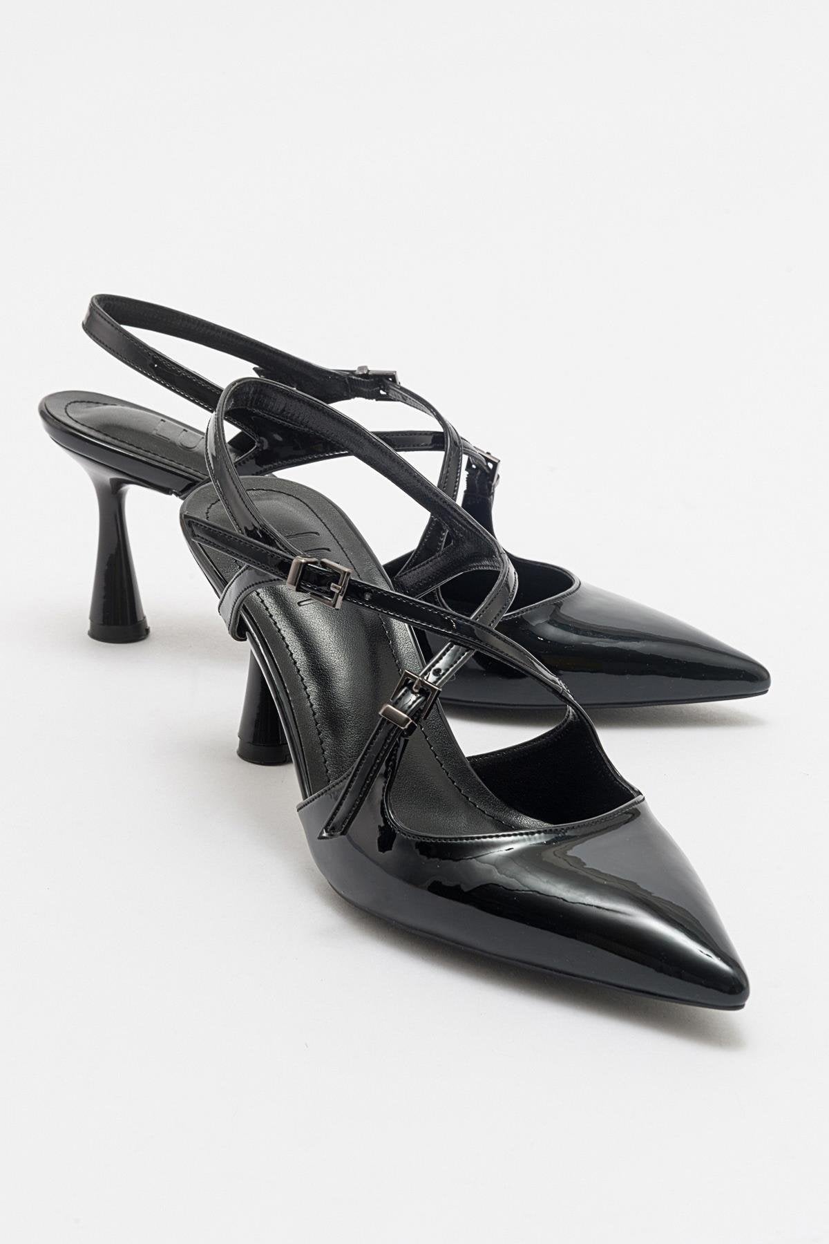 Coje - Black Patent Pointed Toe Stiletto Shoe – front three-quarter view showing leather, black, SimmiUnique