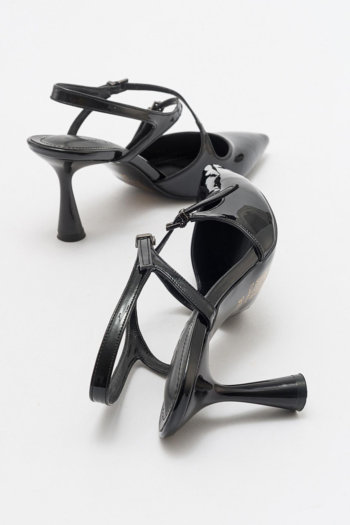 Coje - Black Patent Pointed Toe Stiletto Shoe – side view showing leather, black, SimmiUnique