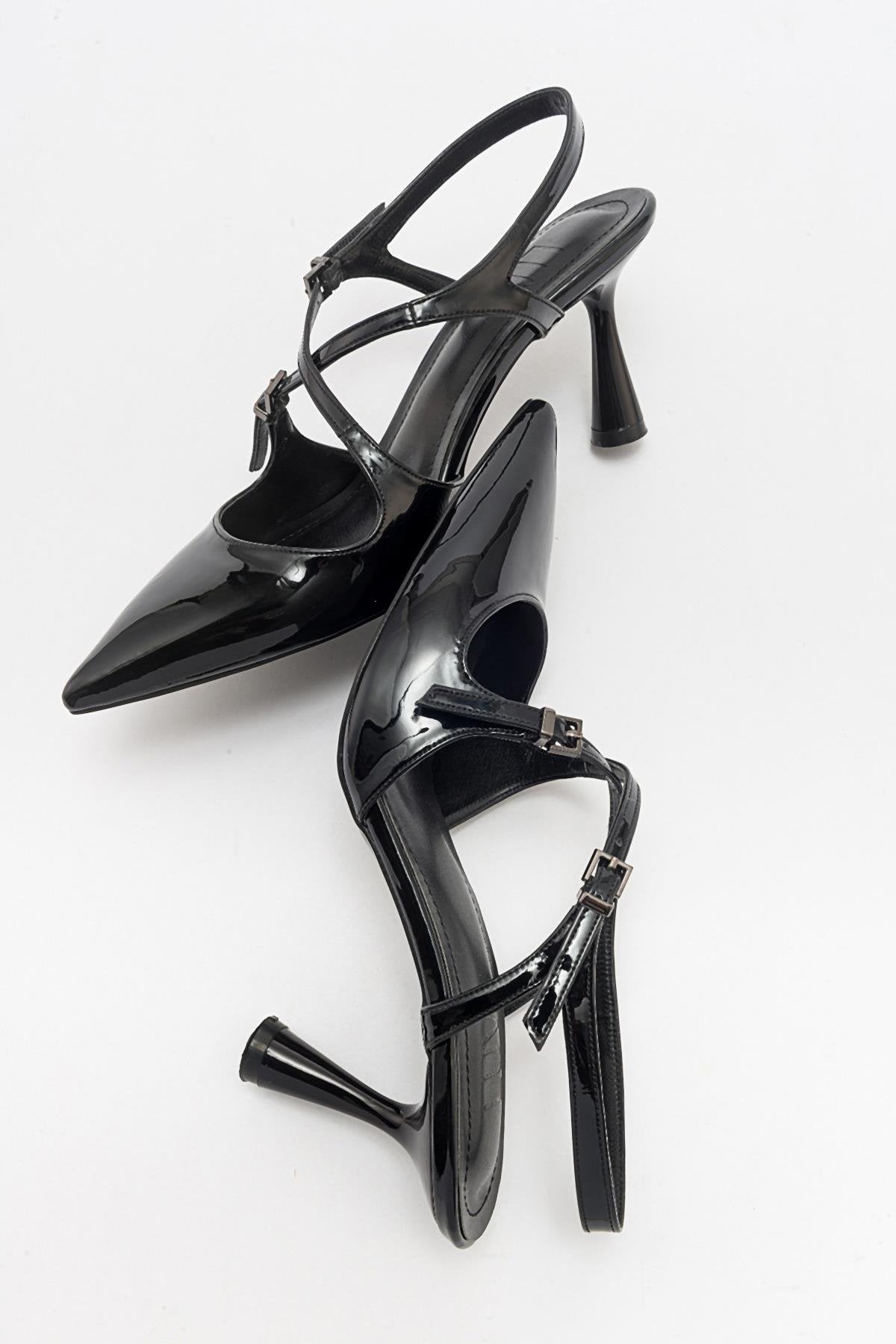 Coje - Black Patent Pointed Toe Stiletto Shoe – back view showing leather, black, SimmiUnique