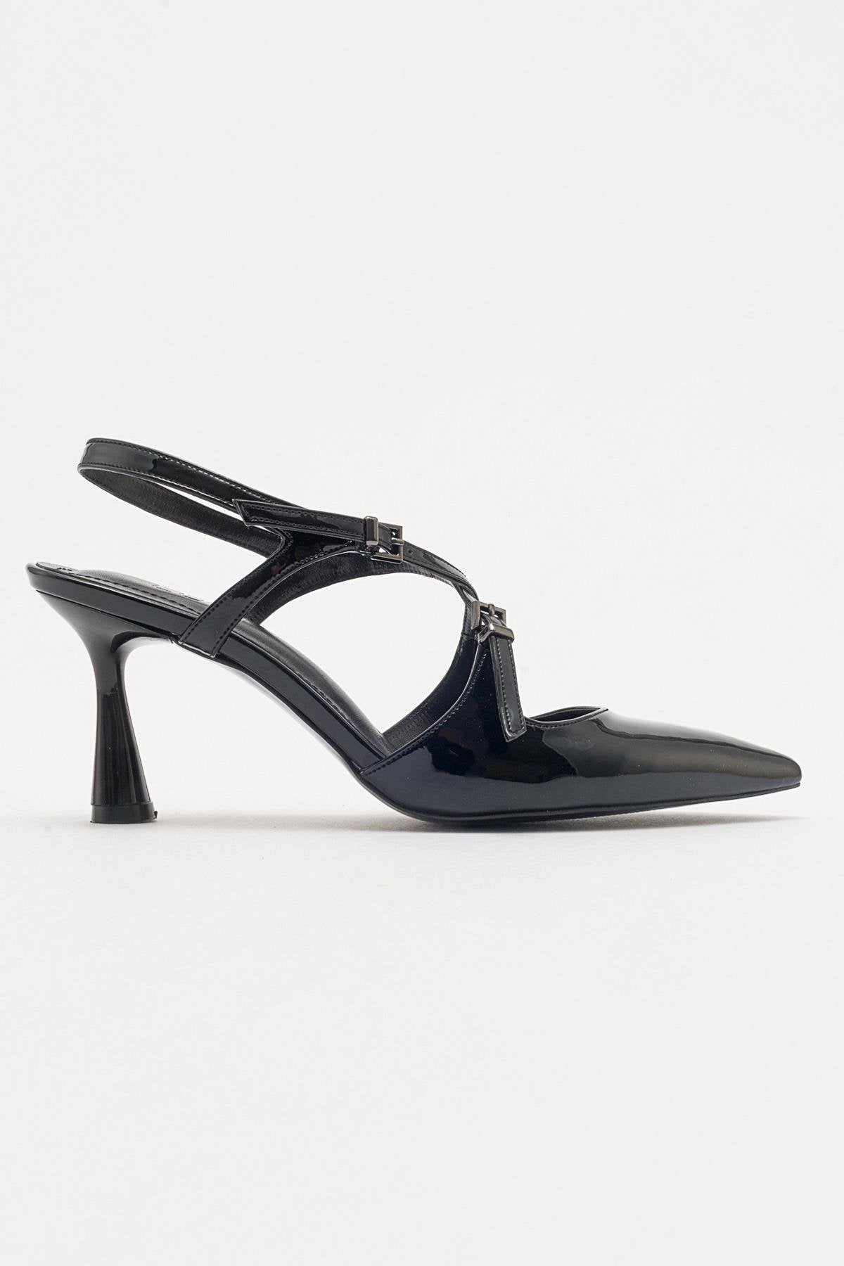 Coje - Black Patent Pointed Toe Stiletto Shoe – top view showing leather, black, SimmiUnique