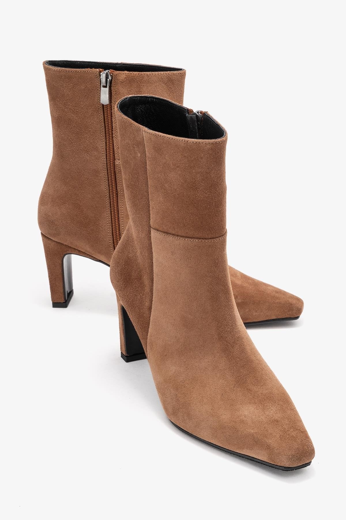 Kyoto - Taupe Genuine Leather Block Heel Boot – front three-quarter view showing leather, suede, red, SimmiUnique