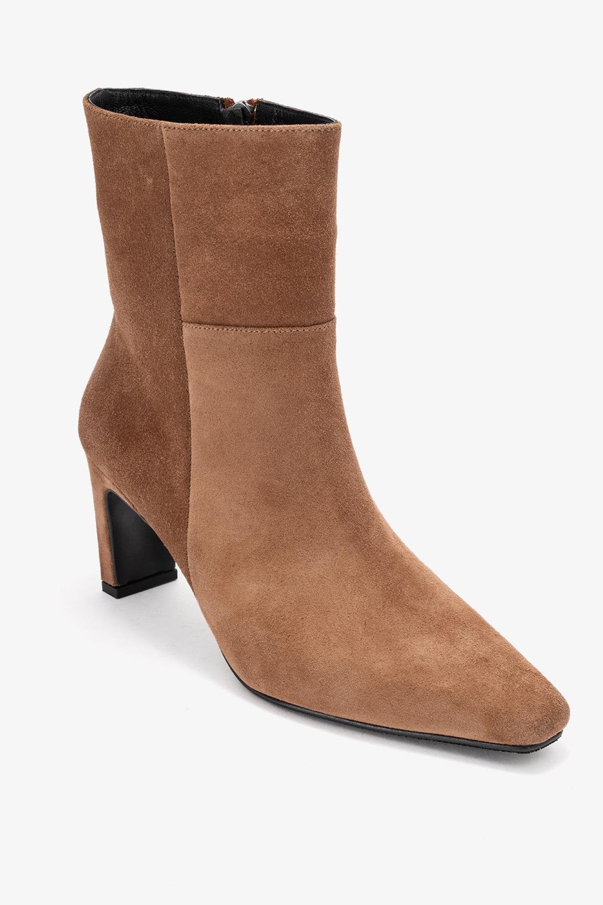 Kyoto - Taupe Genuine Leather Block Heel Boot – detail view showing leather, suede, red, SimmiUnique