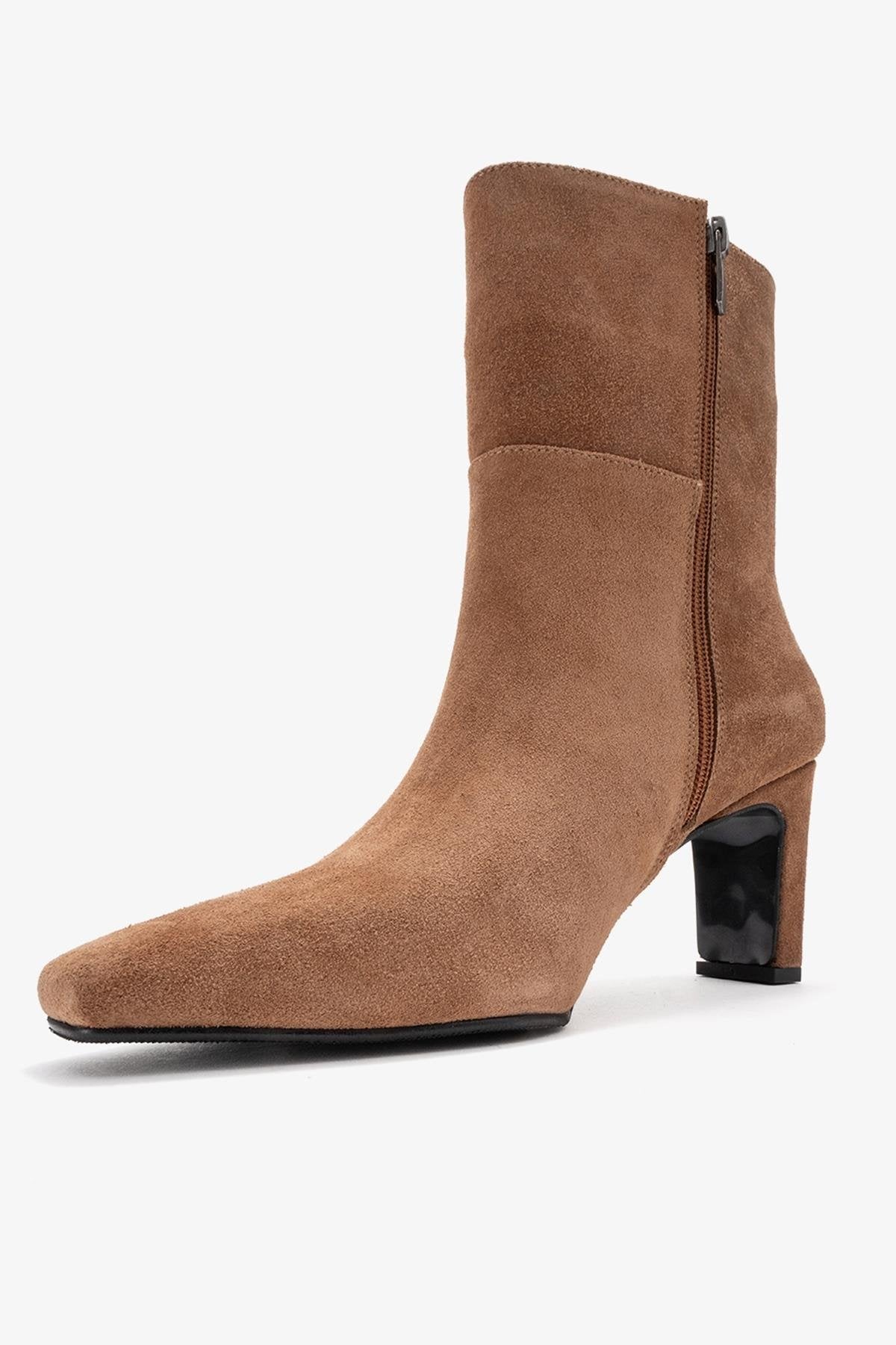 Kyoto - Taupe Genuine Leather Block Heel Boot – heel view showing leather, suede, red, SimmiUnique
