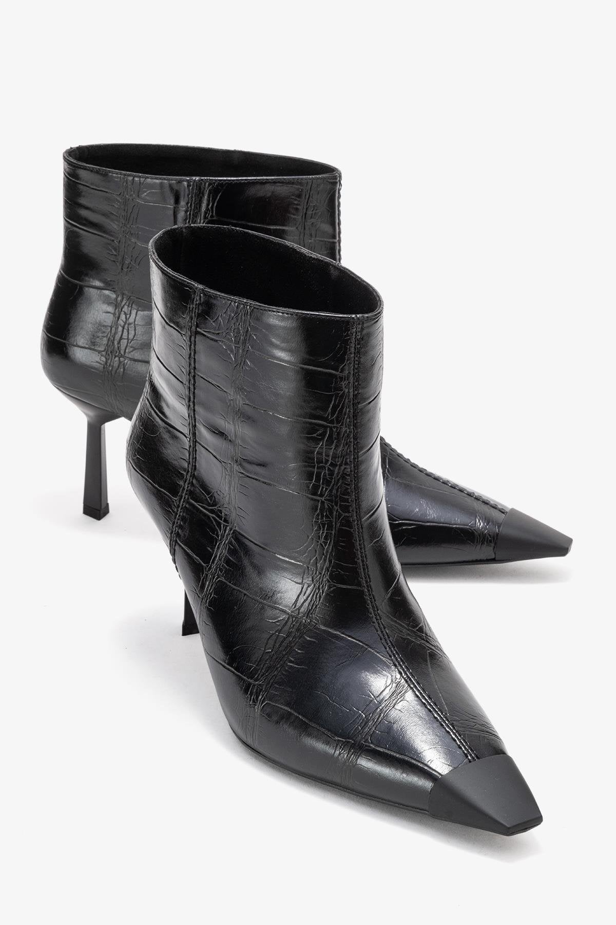 Rassel - Black Printed Pointed Toe Stiletto Boot – front three-quarter view showing leather, black, SimmiUnique