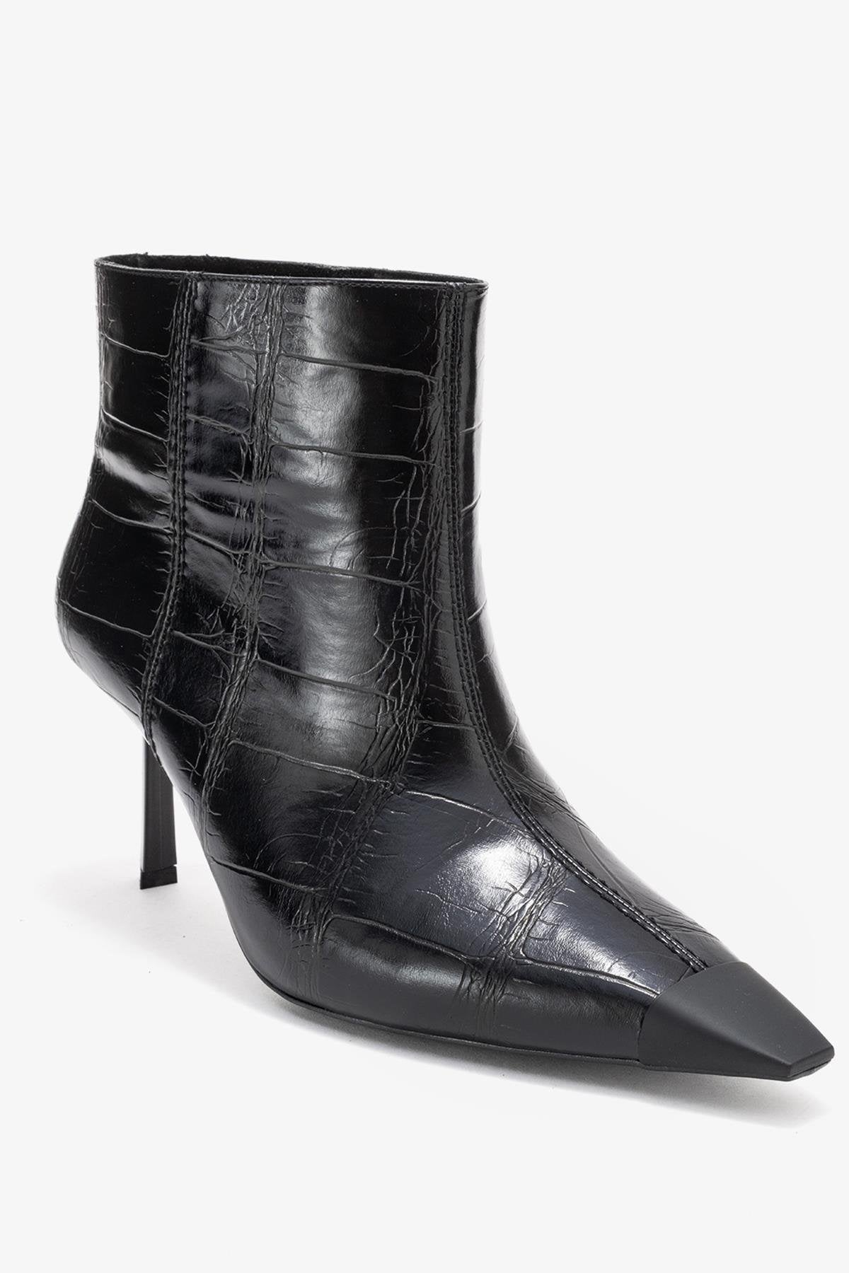 Rassel - Black Printed Pointed Toe Stiletto Boot – detail view showing leather, black, SimmiUnique