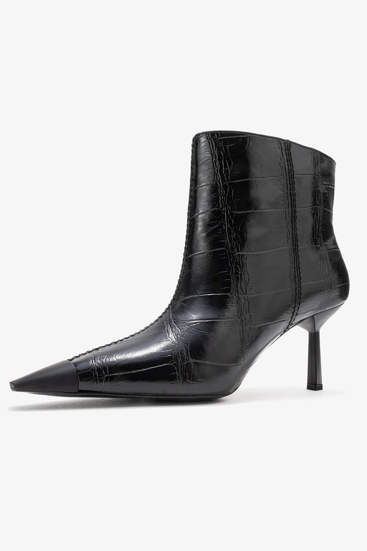 Rassel - Black Printed Pointed Toe Stiletto Boot – heel view showing leather, black, SimmiUnique