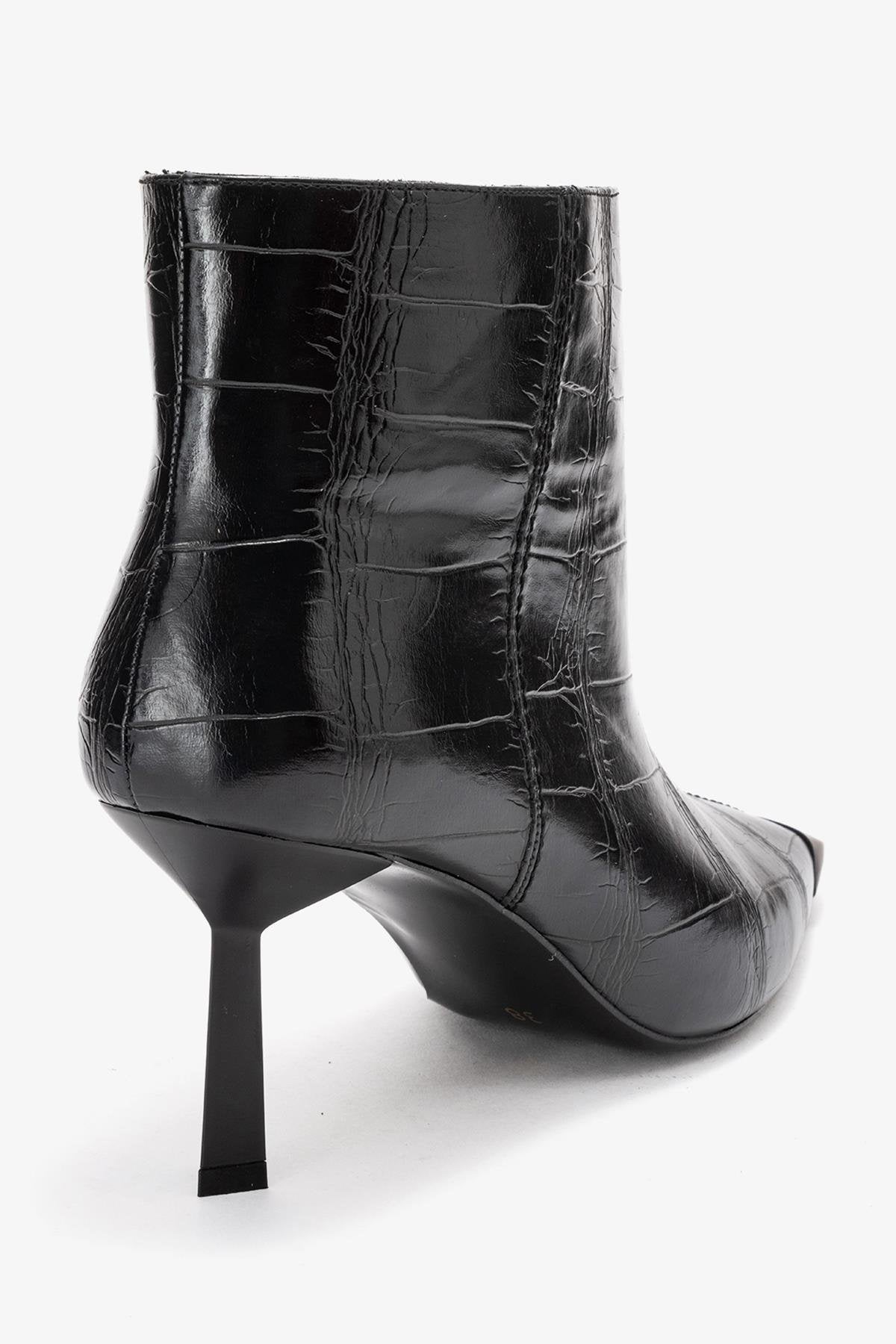 Rassel - Black Printed Pointed Toe Stiletto Boot – back view showing leather, black, SimmiUnique