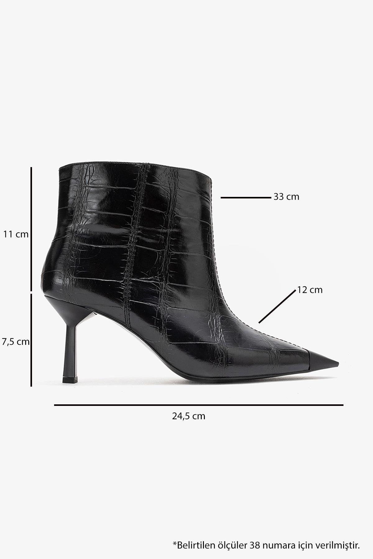 Rassel - Black Printed Pointed Toe Stiletto Boot – top view showing leather, black, SimmiUnique