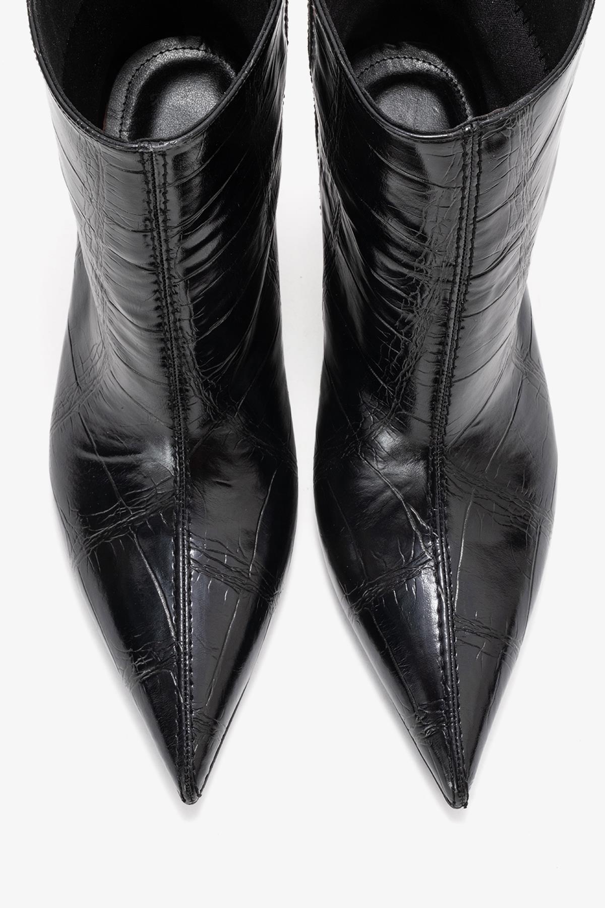 Brivelle - Black Printed Pointed Toe Heeled Boot – side view showing leather, black, SimmiUnique