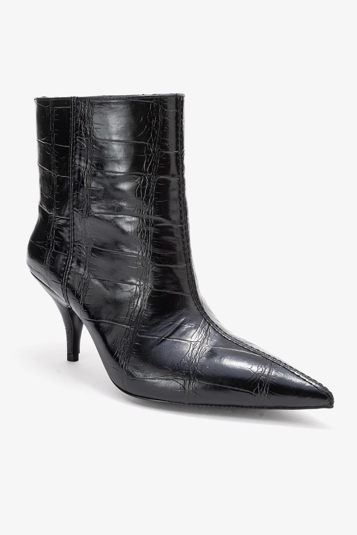 Brivelle - Black Printed Pointed Toe Heeled Boot – detail view showing leather, black, SimmiUnique
