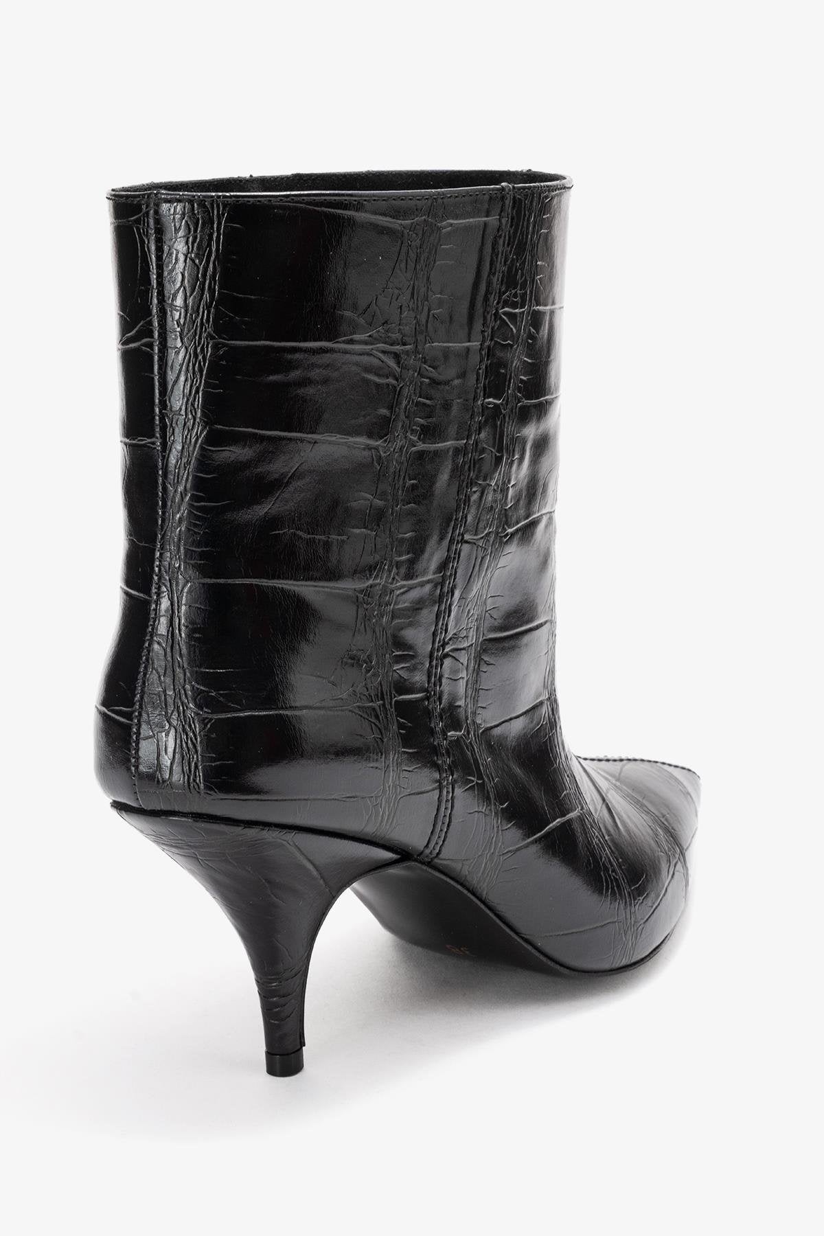 Brivelle - Black Printed Pointed Toe Heeled Boot – back view showing leather, black, SimmiUnique