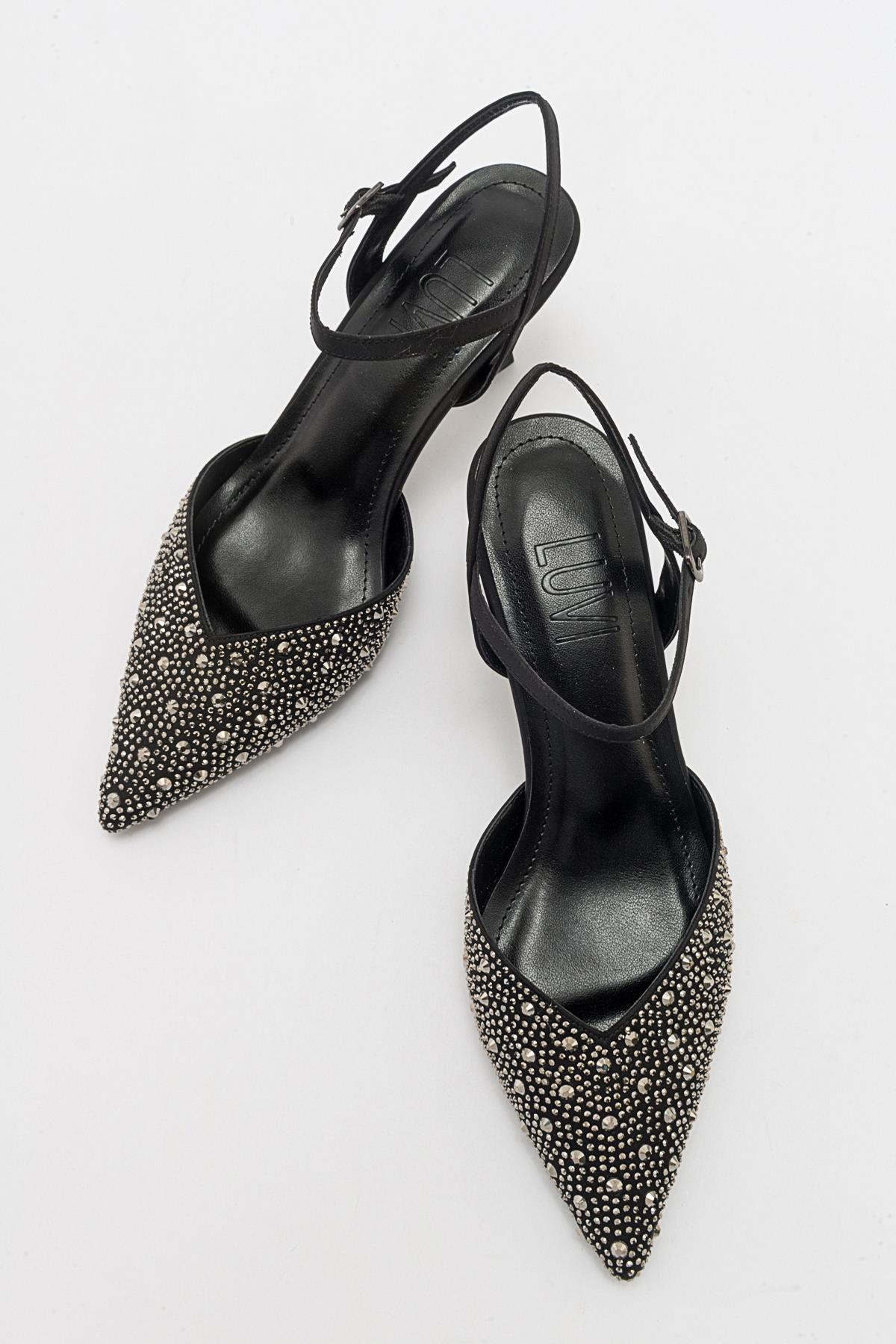 Vilka - Black Sparkling Slingback Kitten Heels – detail view showing leather, black, red, SimmiUnique